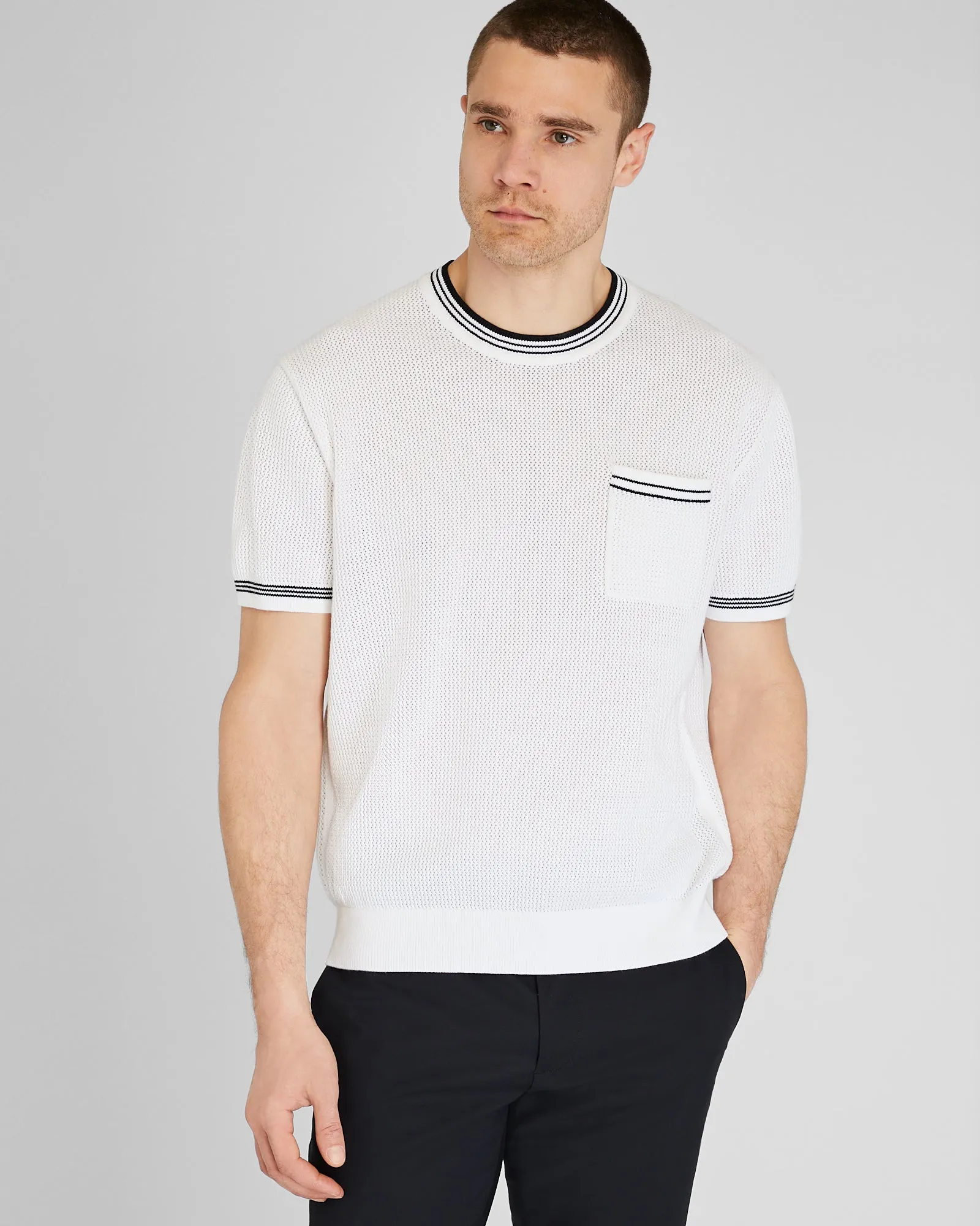 Short-Sleeve Open Stitch Tipped Sweater sold by Club Monaco