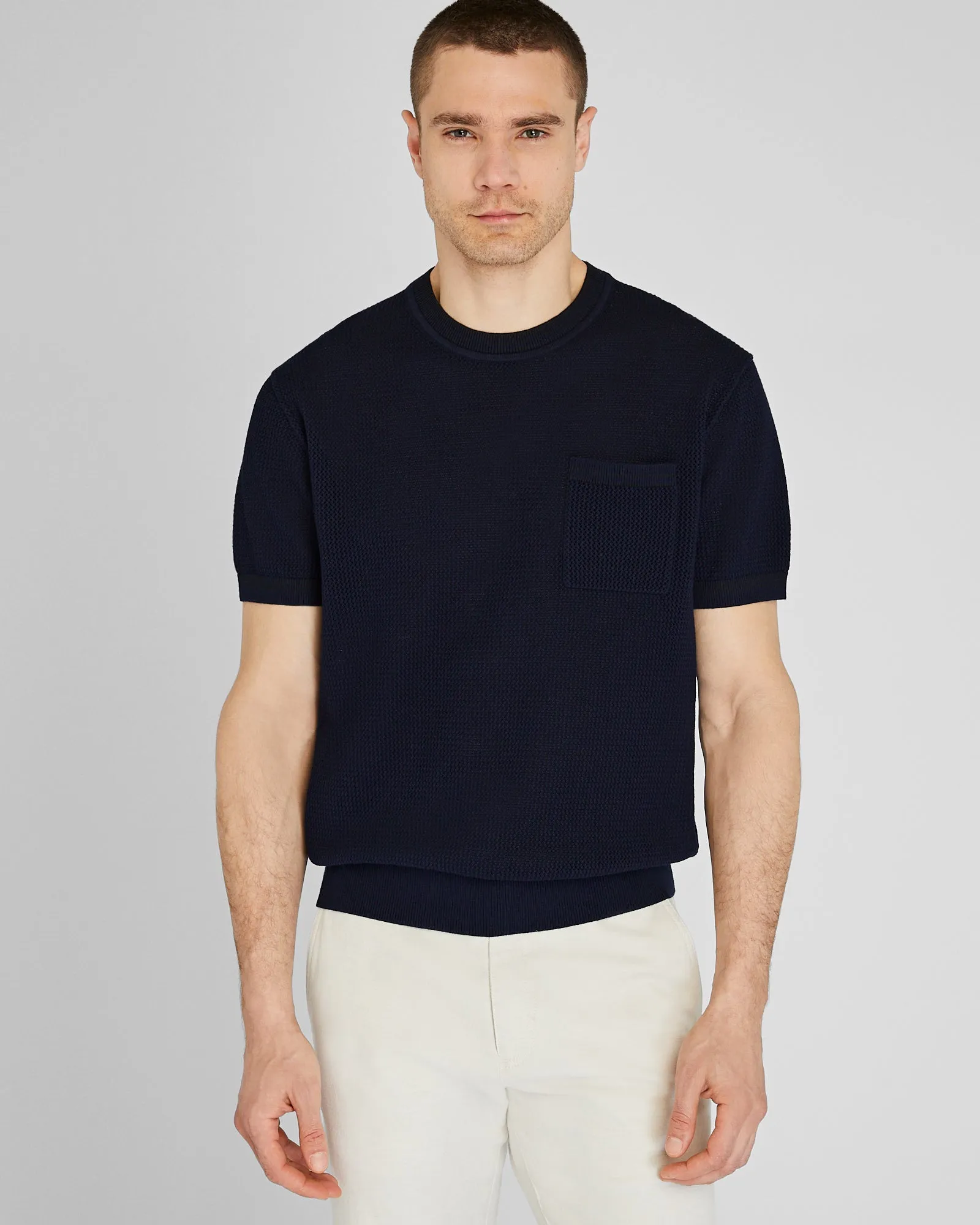 Short-Sleeve Open Stitch Tipped Sweater sold by Club Monaco