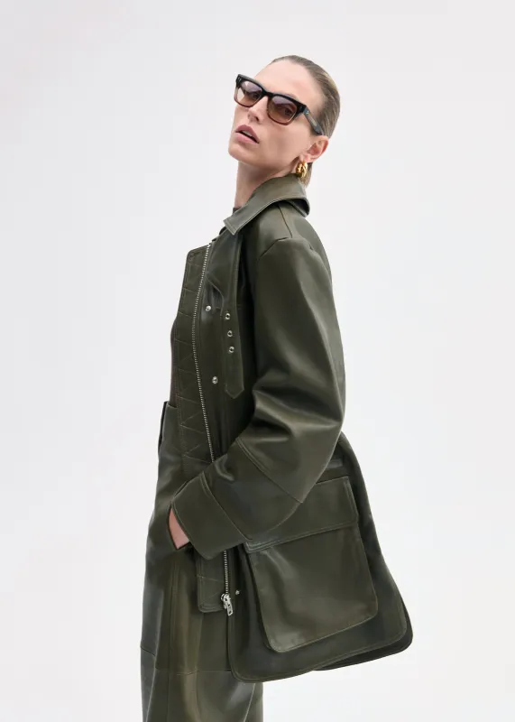 Oversized Field Jacket in Leather - Olive made by CO