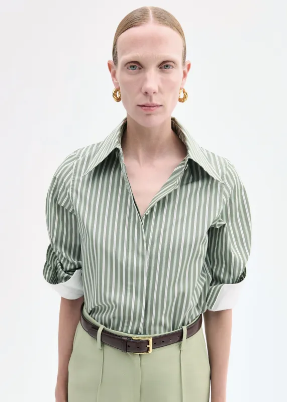 Fitted Shirt in Striped Poplin - Green and White sold by CO