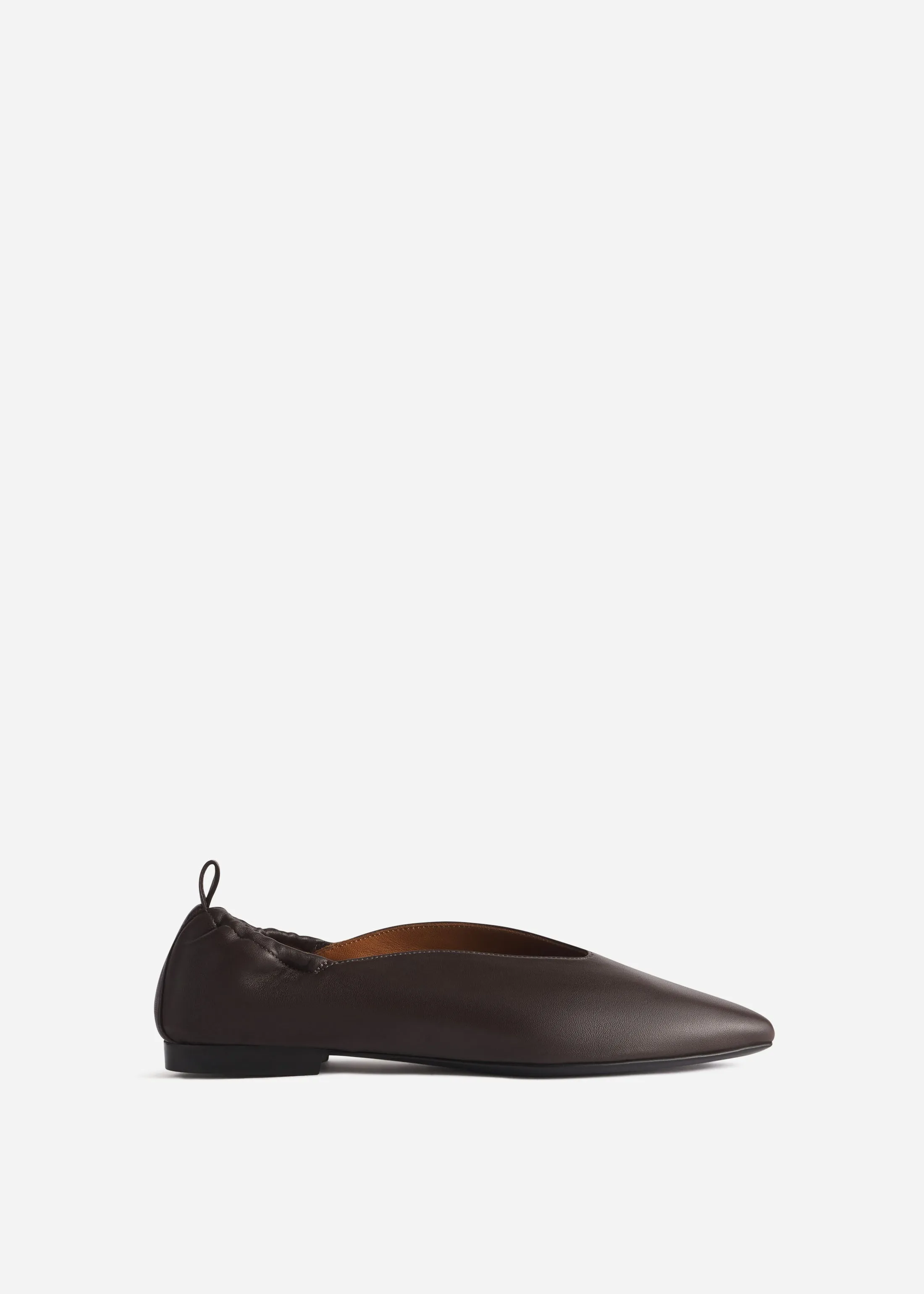 Leather Ruched Back Pointed Flat in Chocolate sold by CO