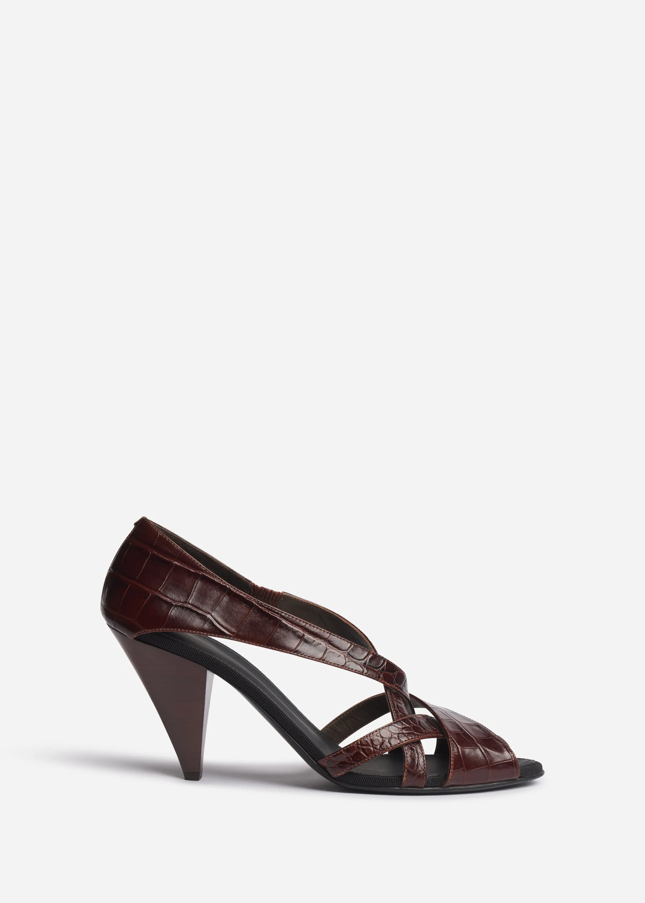 Open Toe Heeled Sandal in Crocodile Leather - Chocolate sold by CO