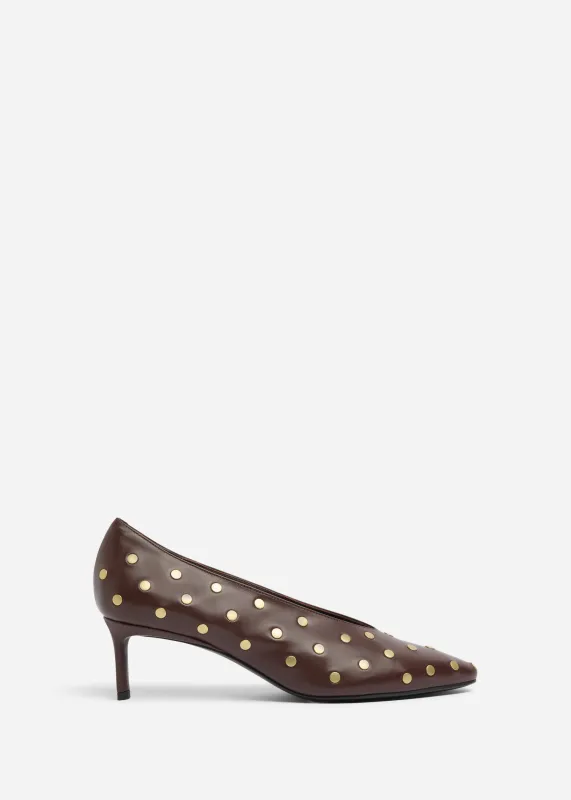 Studded Kitten Heel in Calf Skin Leather - Chocolate made by CO