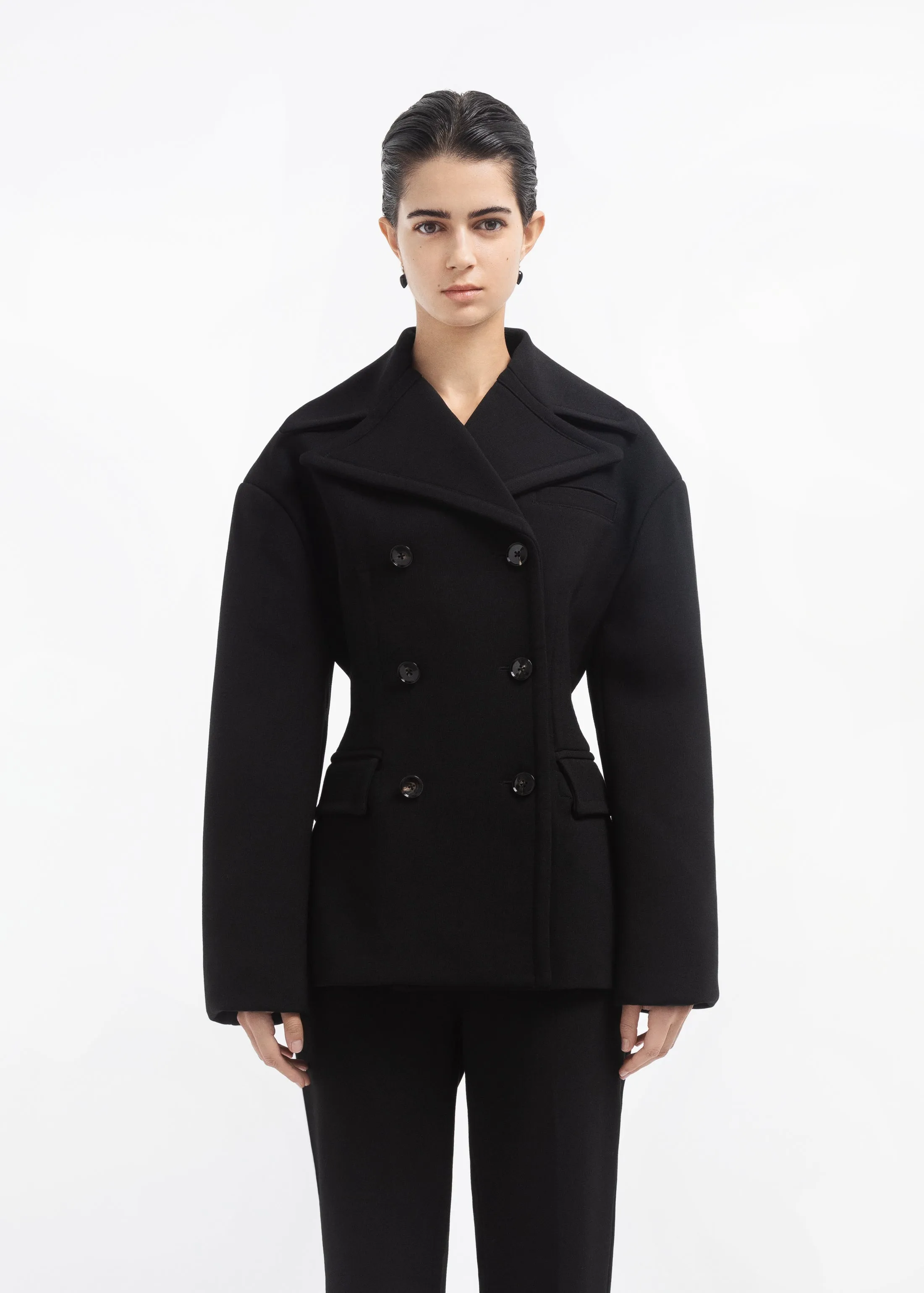 Oversized Double Breasted Peplum Jacket in Wool - Black sold by CO