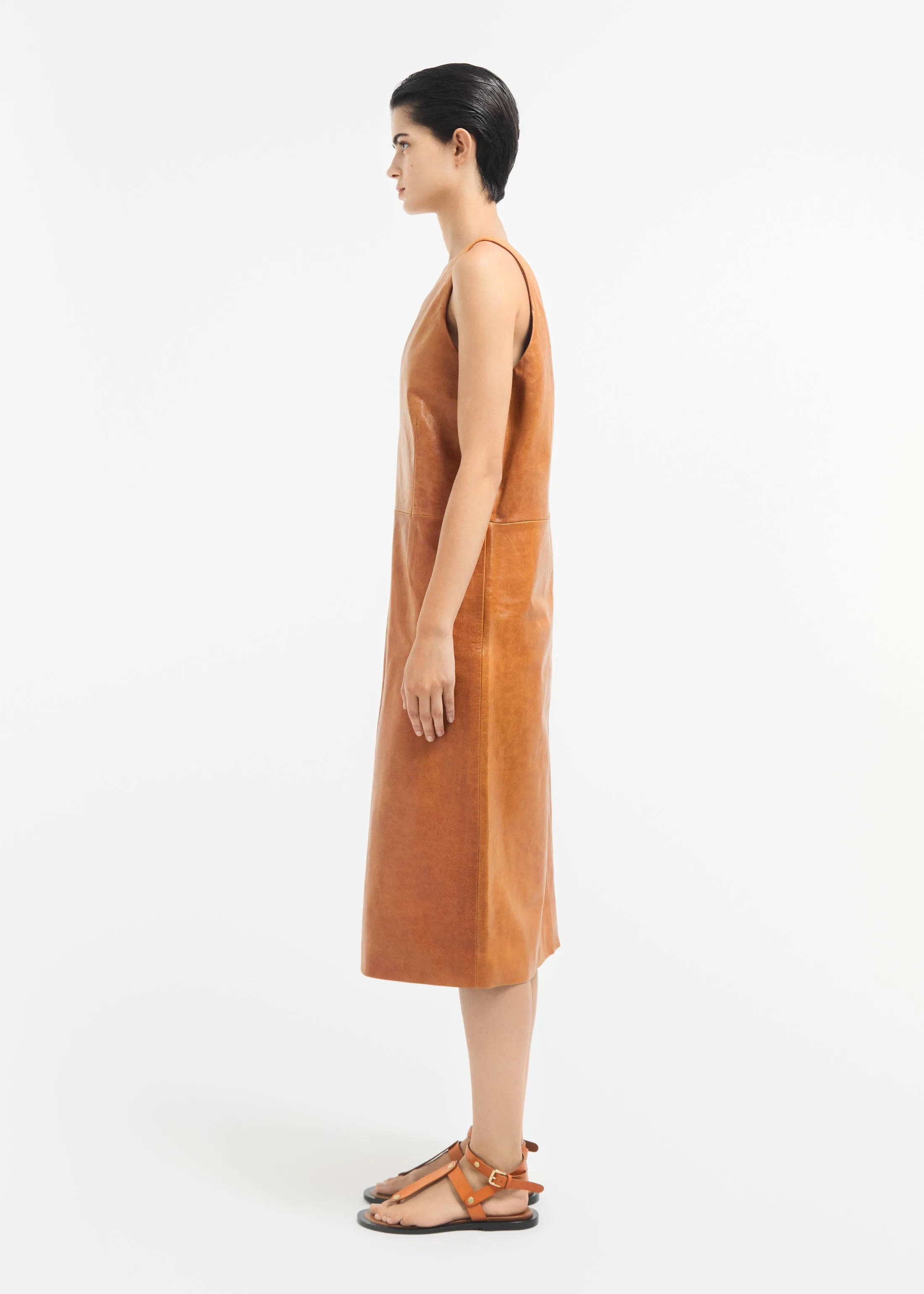 V-Neck Dress in Leather - Cognac sold by CO product image thumbnail 3