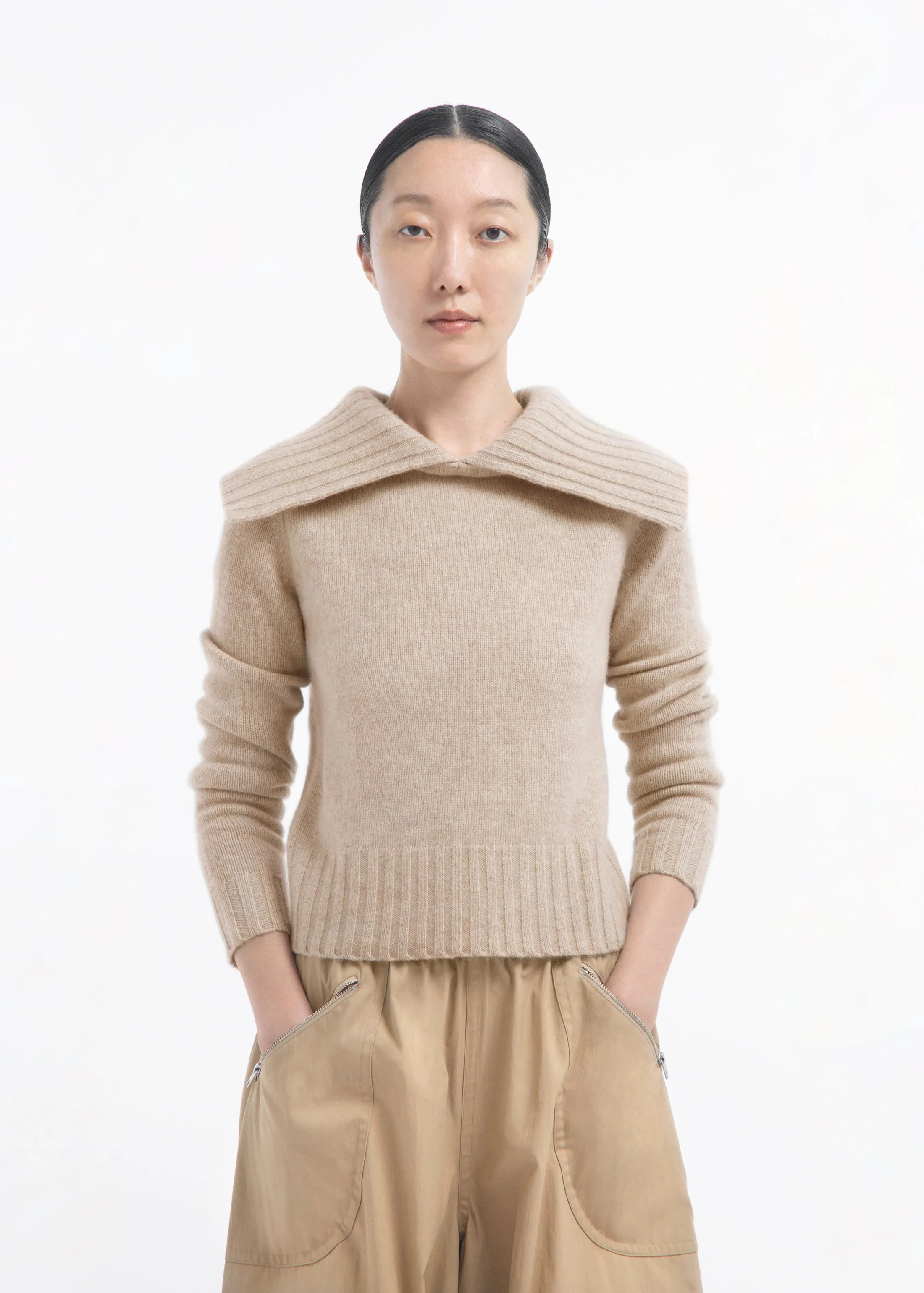 Ribbed Collared Sweater in Cashmere - Beige Melange sold by CO