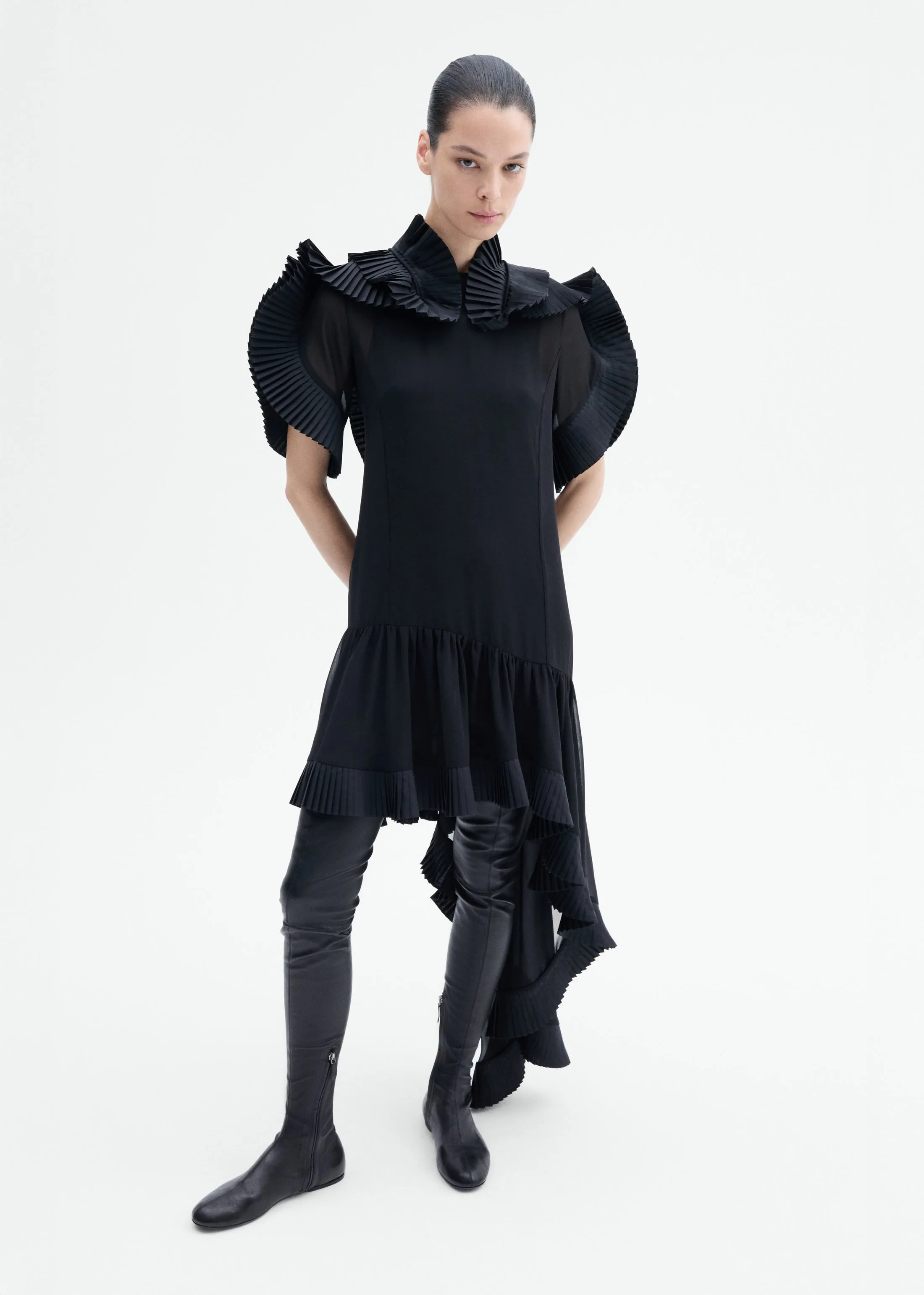 Asymmetric Pleated Georgette Dress - Black sold by CO