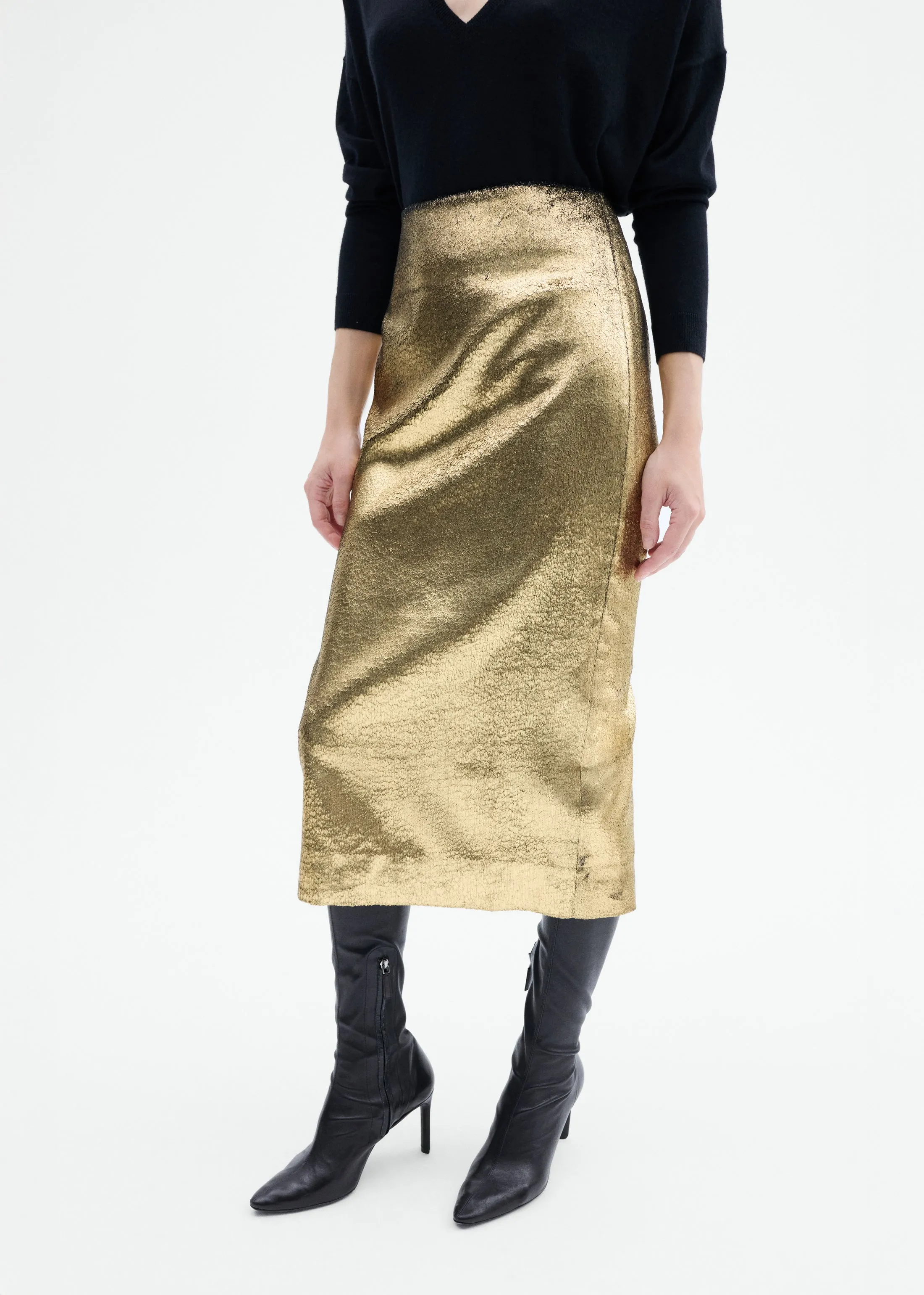 Foil Velvet Midi Pencil Skirt - Gold sold by CO