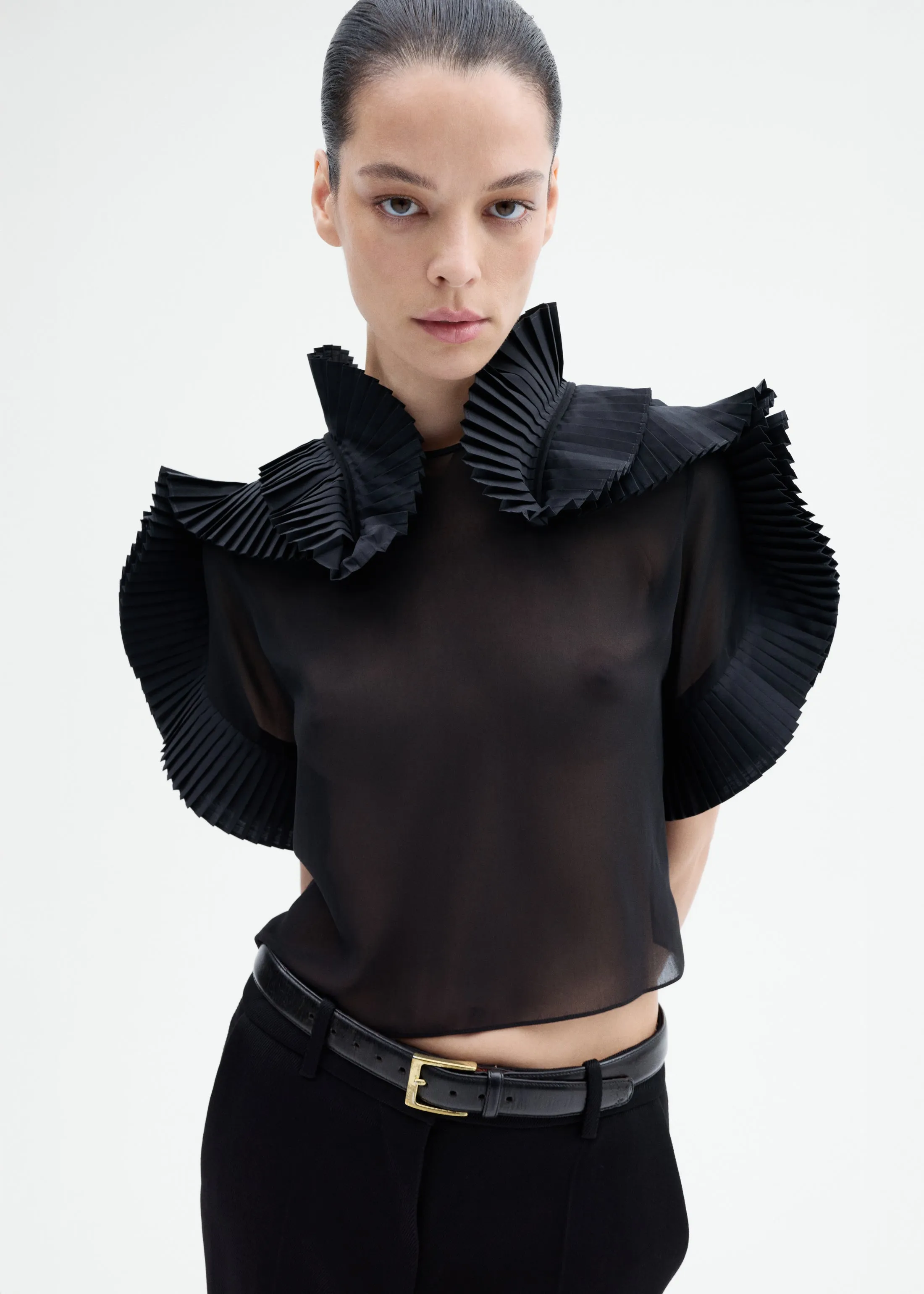 Pleated Ruffle Sheer Top in Georgette - Black sold by CO product image thumbnail 4