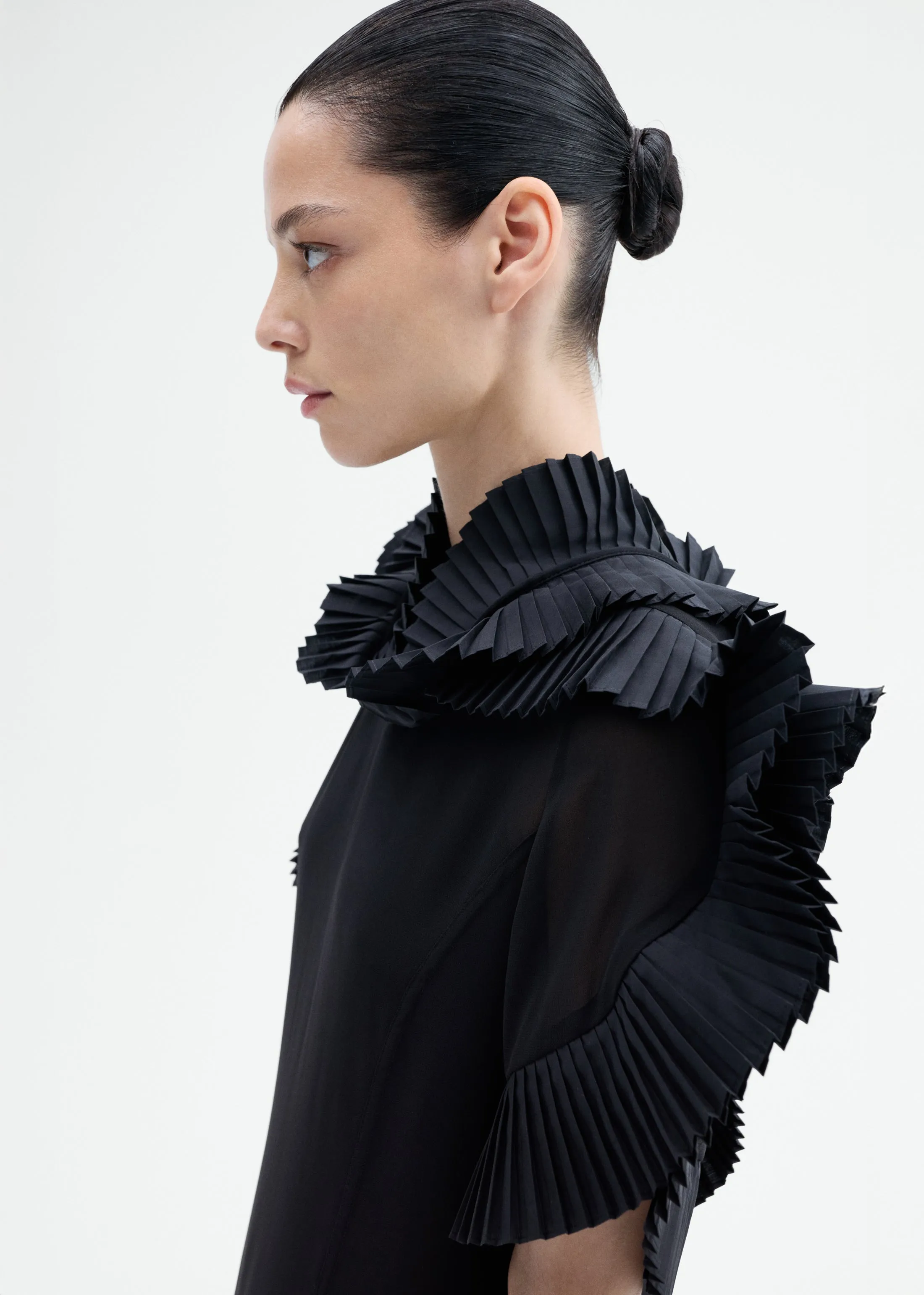 Pleated Ruffle Sheer Top in Georgette - Black sold by CO