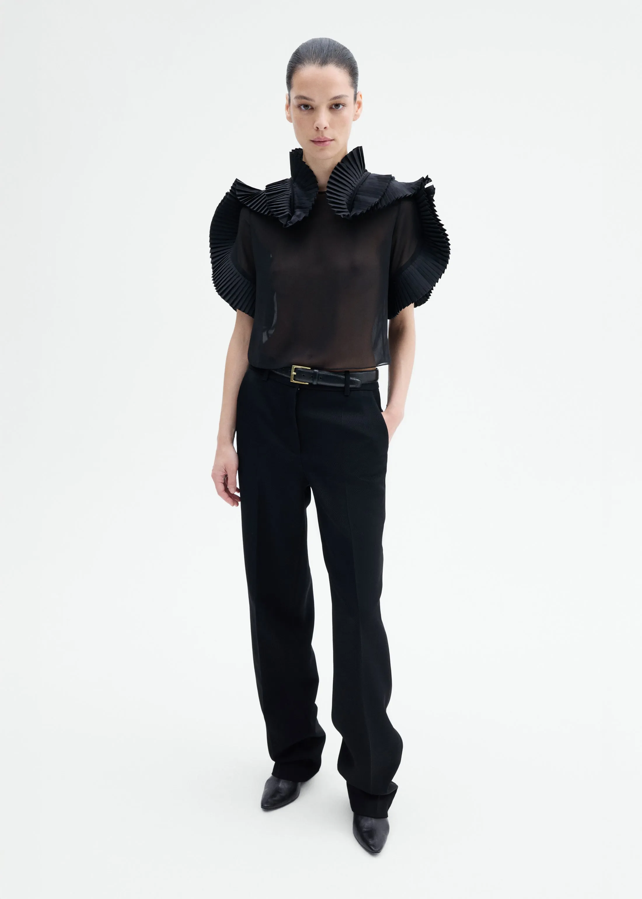 Pleated Ruffle Sheer Top in Georgette - Black sold by CO product image thumbnail 3