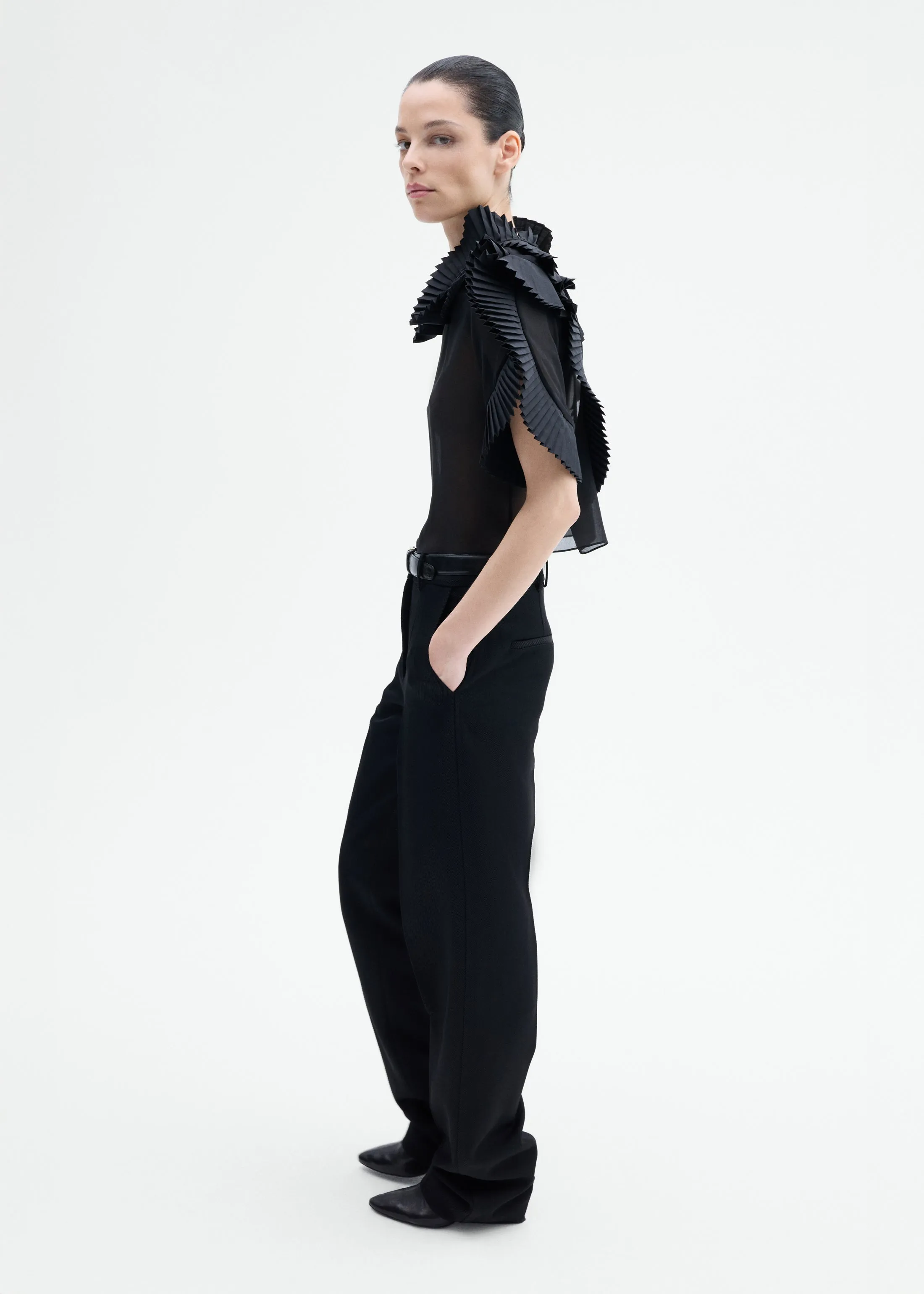 Pleated Ruffle Sheer Top in Georgette - Black sold by CO product image thumbnail 5