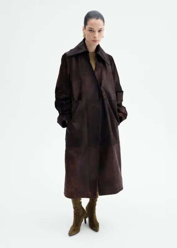 Leather Collared Coat in Calf Hair - Chocolate sold by CO