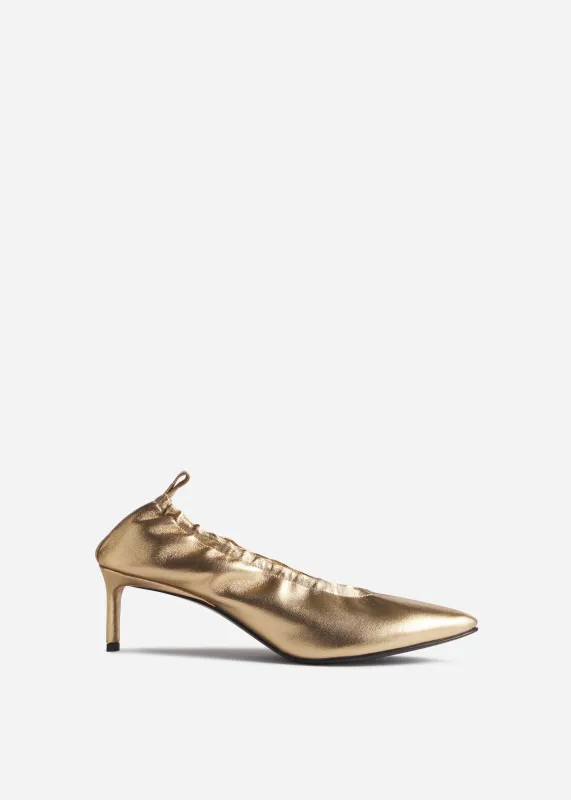 Leather Ruched Back Heeled Pumps - Gold made by CO