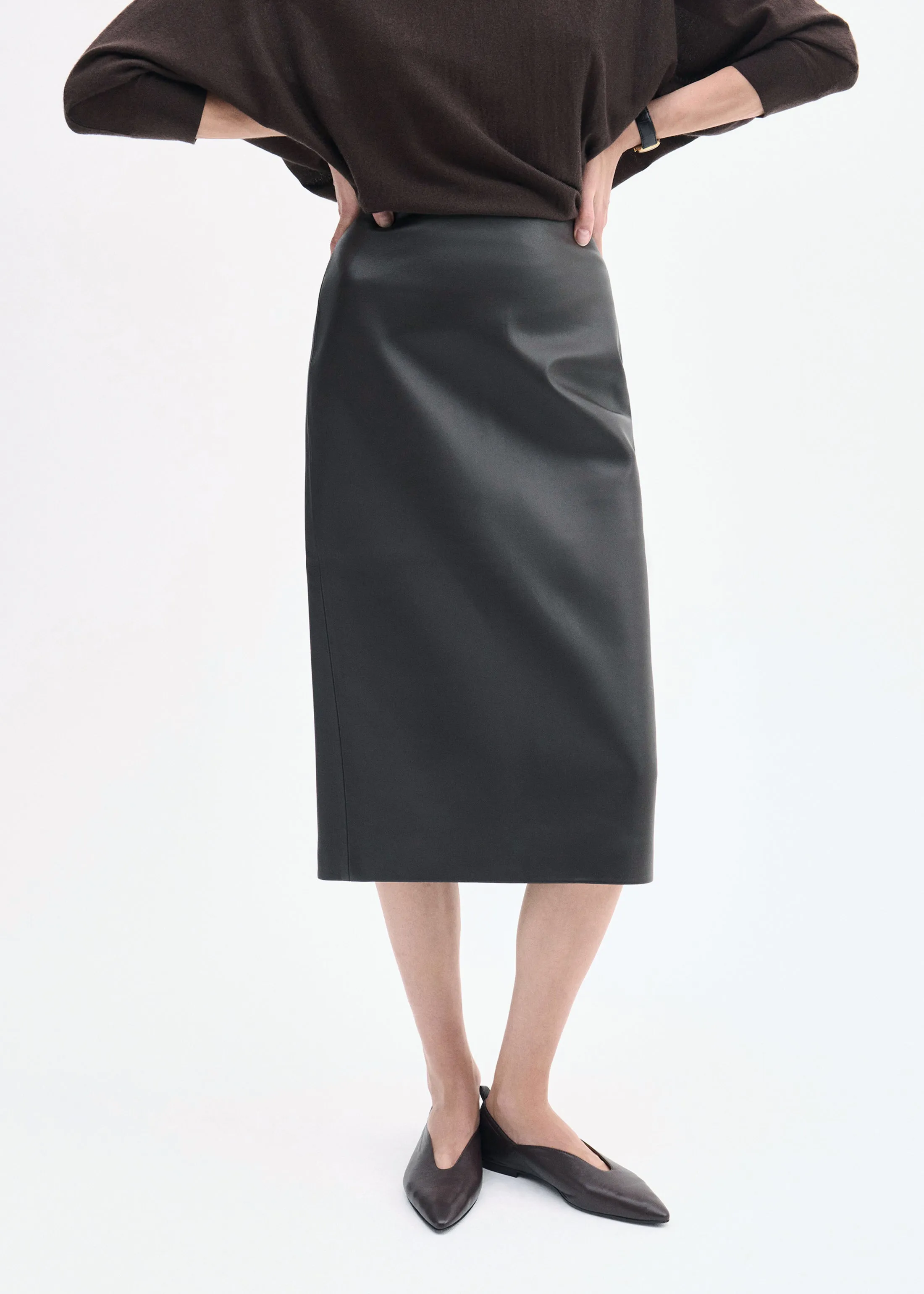 Midi Pencil Skirt in Leather - Chocolate sold by CO