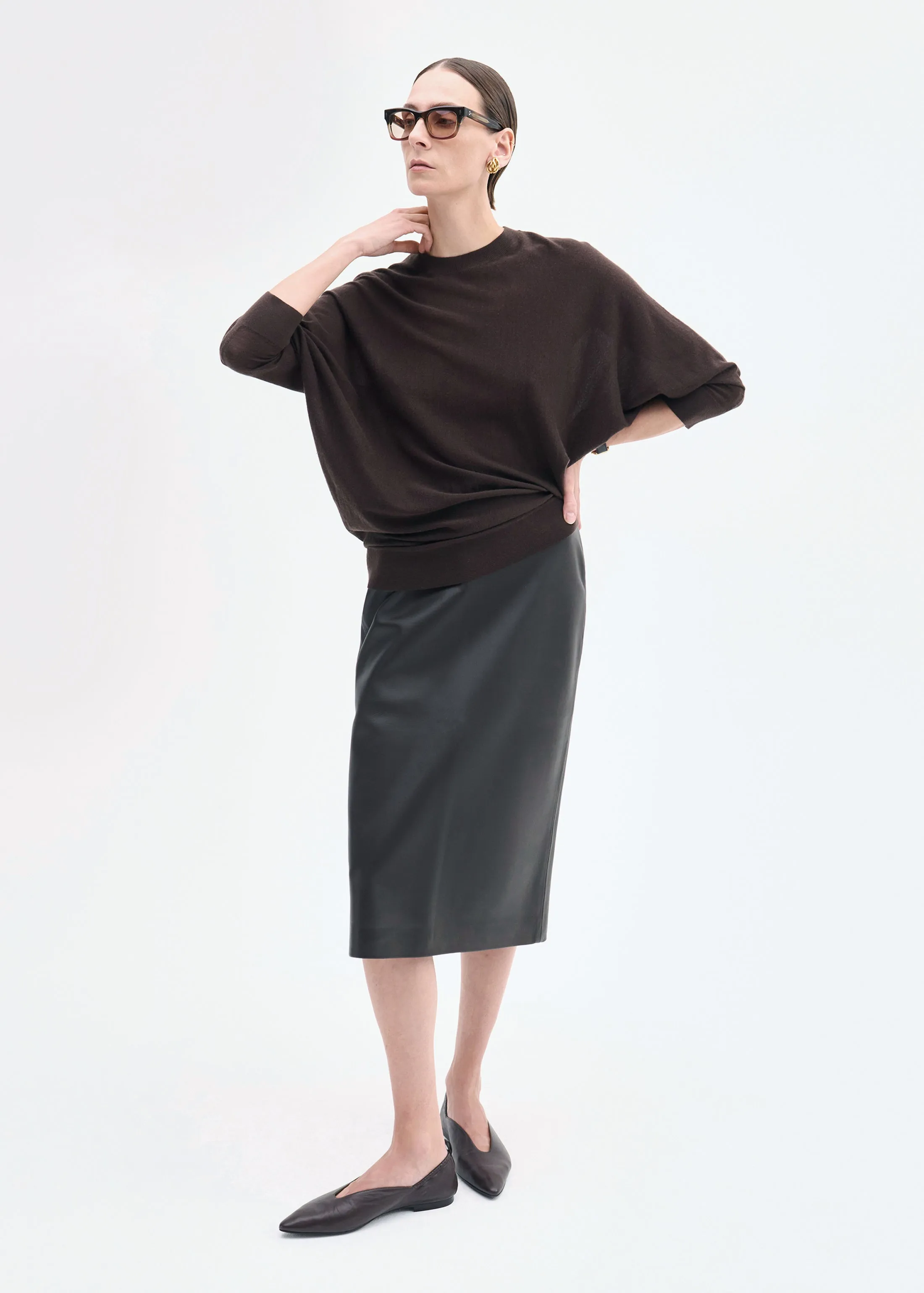 Midi Pencil Skirt in Leather - Chocolate sold by CO product image thumbnail 2