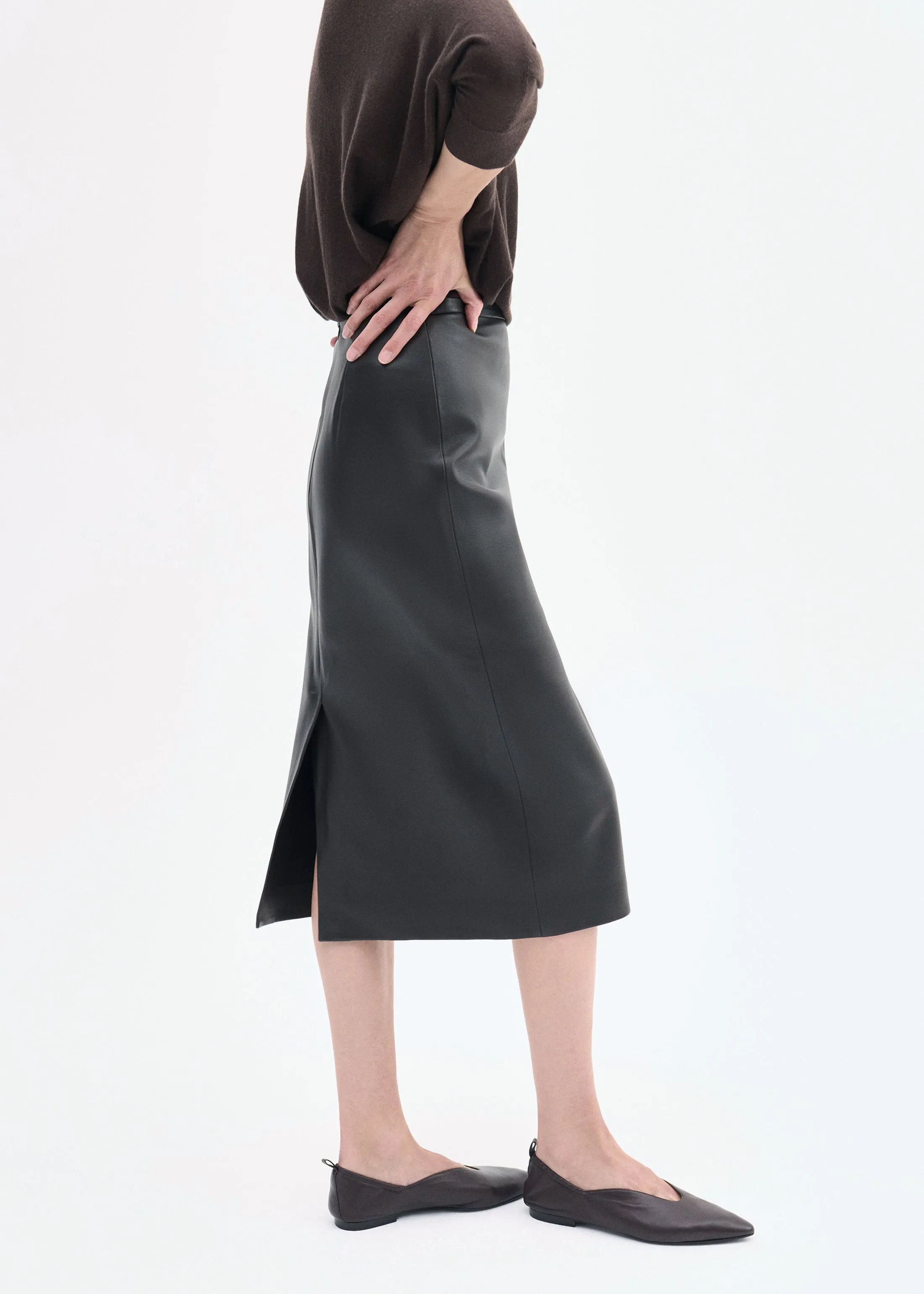 Midi Pencil Skirt in Leather - Chocolate sold by CO product image thumbnail 4