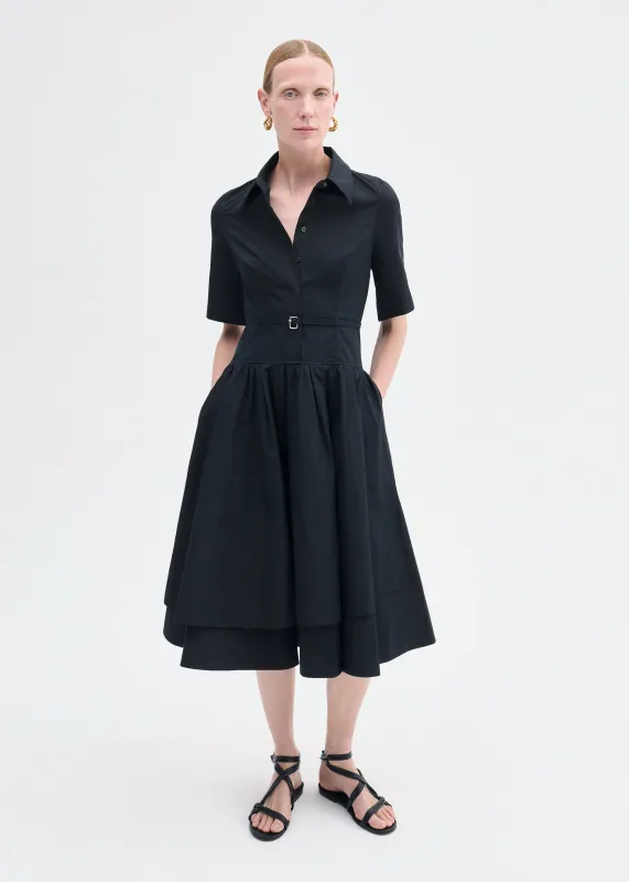 Short Sleeve Belted Dress in Cotton Poplin -  Black sold by CO