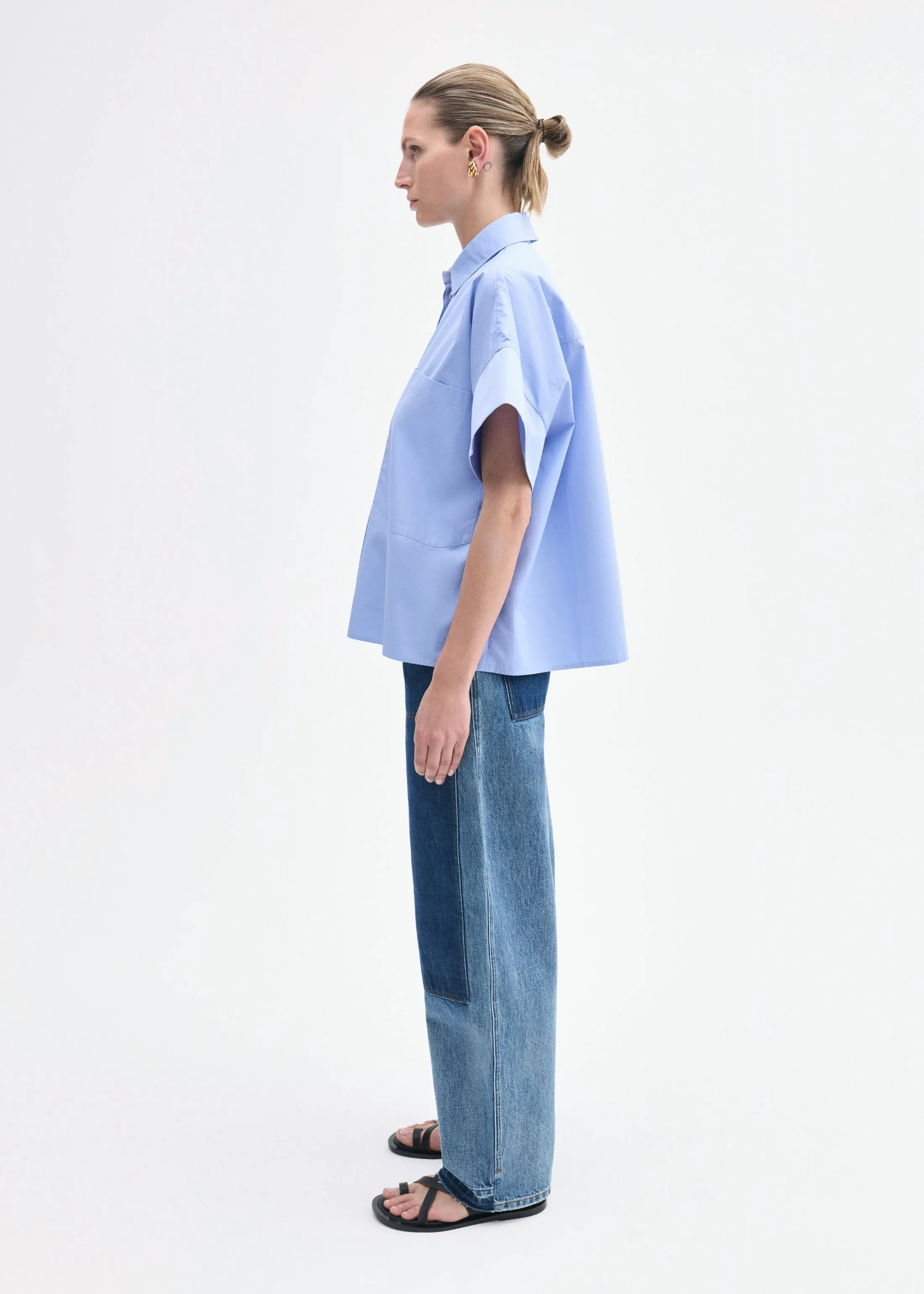 Boxy Short Sleeve Shirt in Cotton Poplin - Blue sold by CO product image thumbnail 3