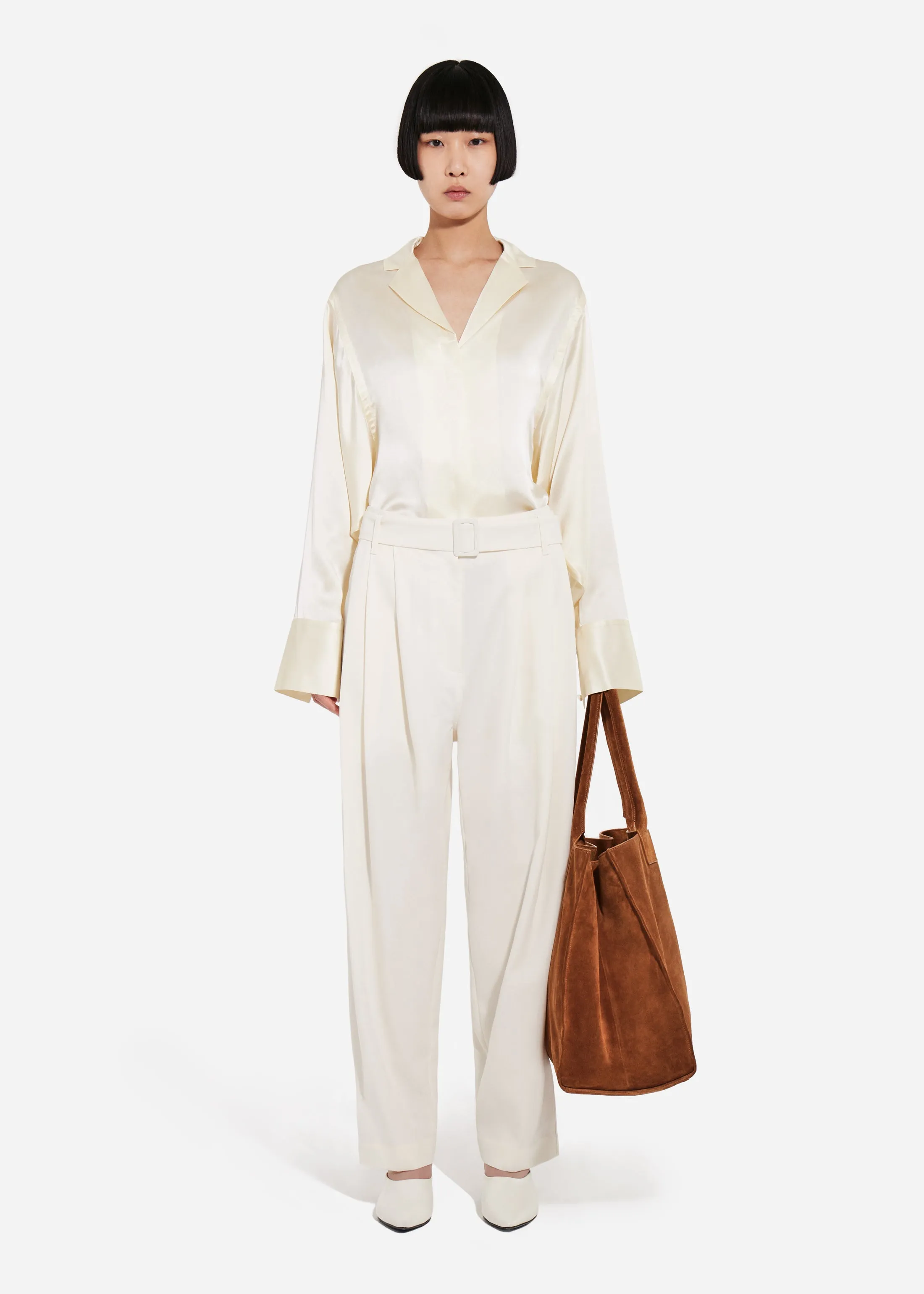 Relaxed Button Down Shirt in Silk Charmeuse - Pearl sold by CO