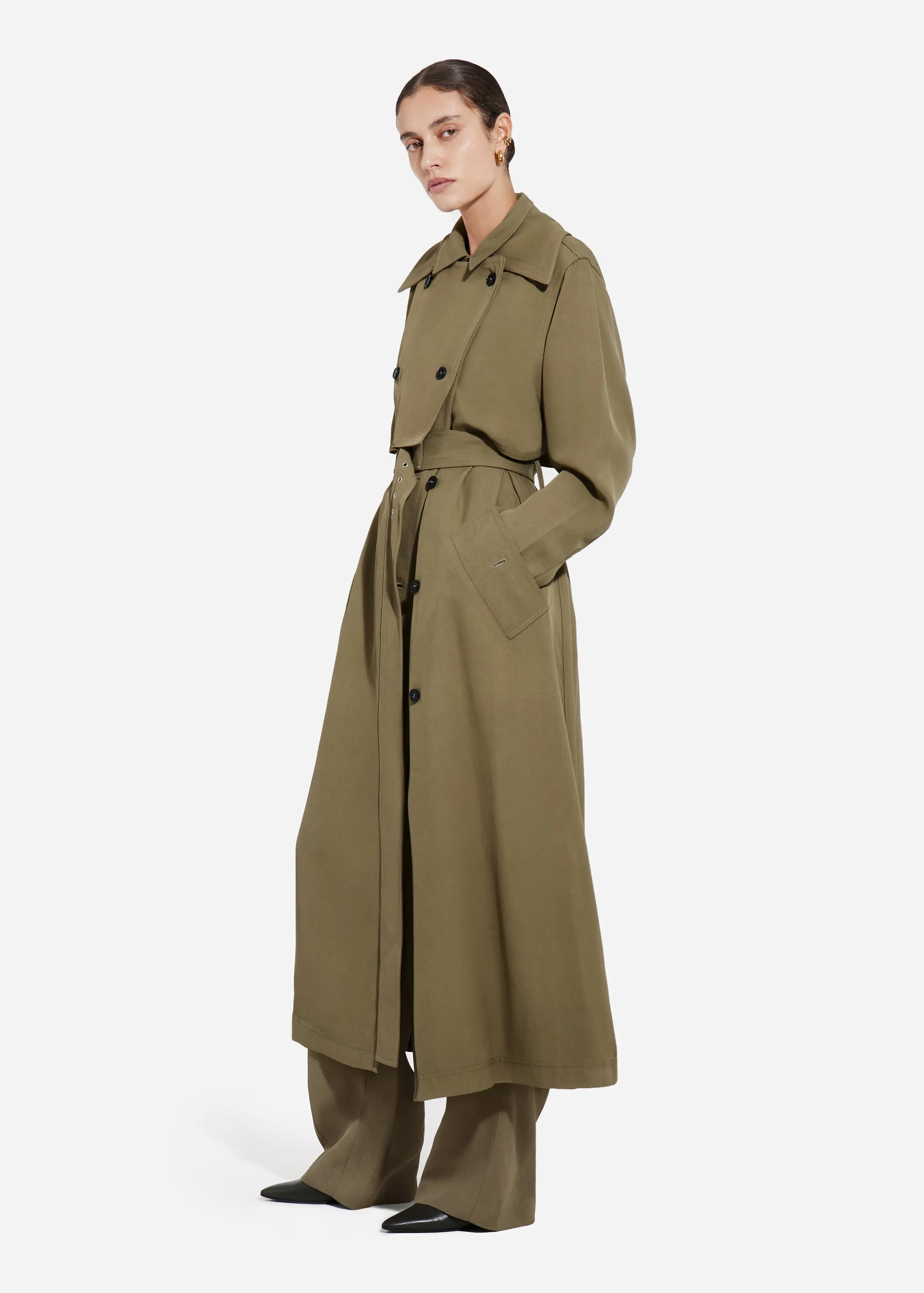 Double Layer Belted Trench in Viscose Twill - Aloe sold by CO