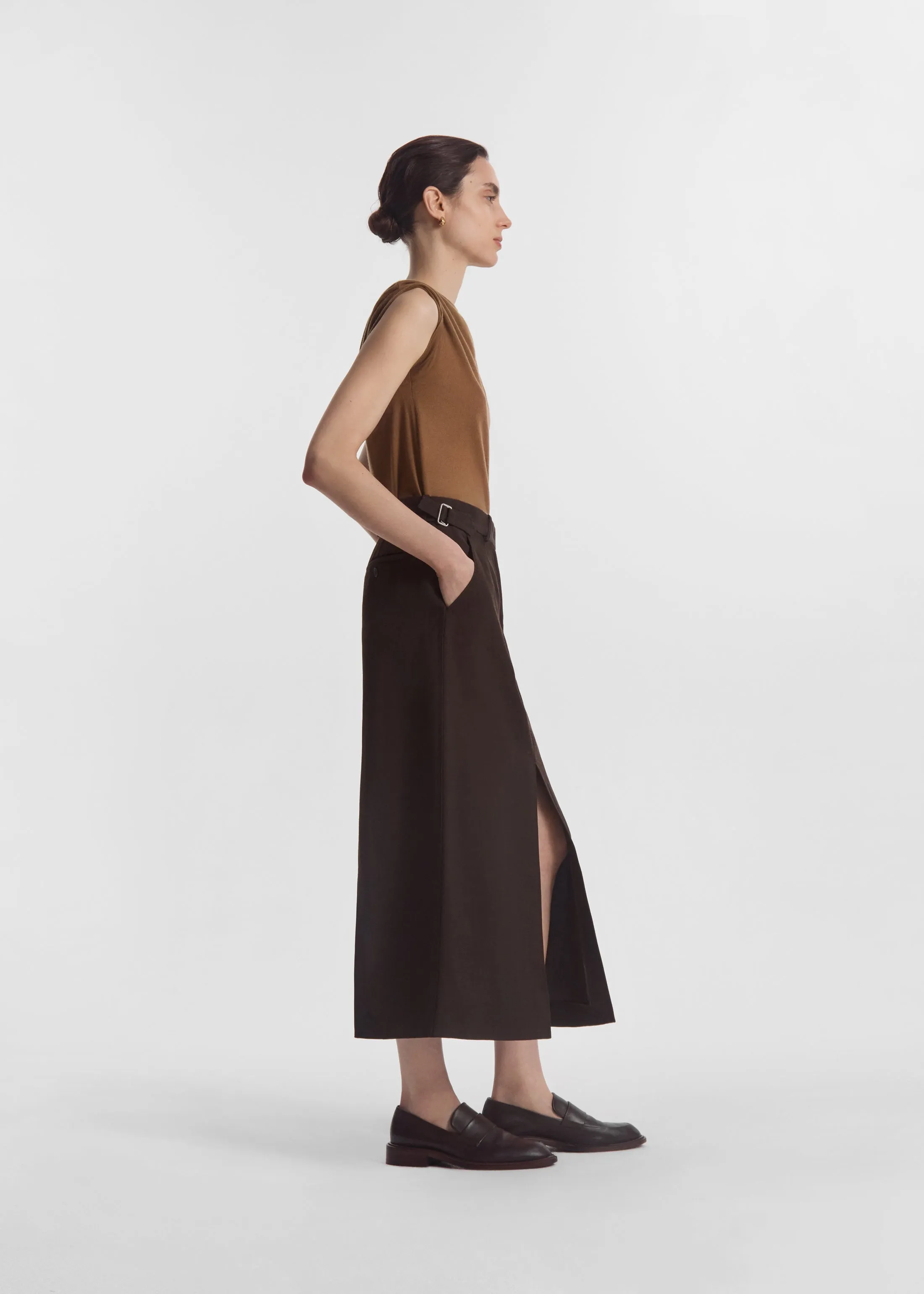 Tailored Front-Slit Midi Skirt in Linen - Chocolate sold by CO product image thumbnail 2