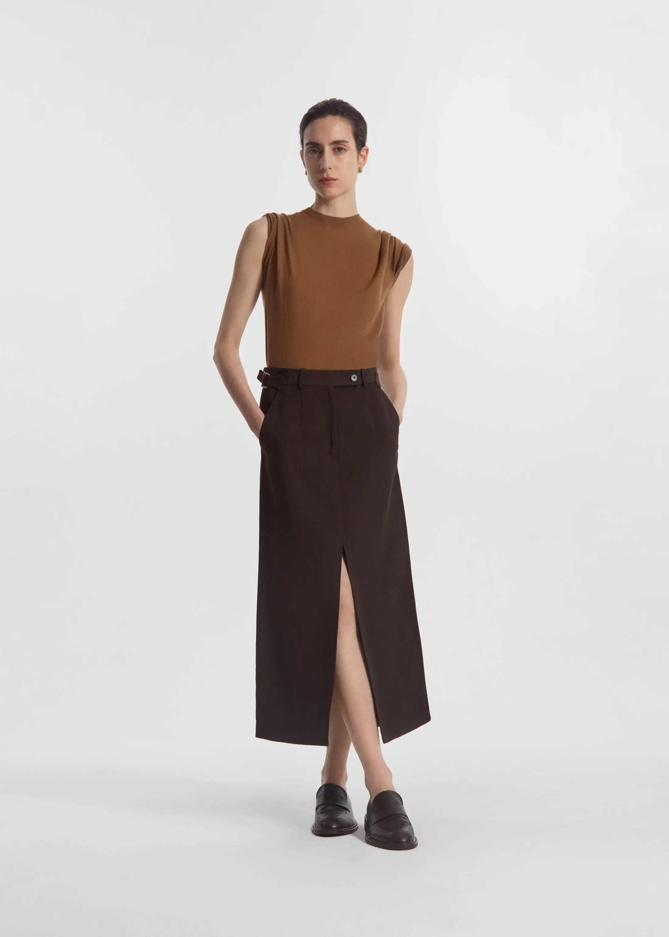 Tailored Front-Slit Midi Skirt in Linen - Chocolate sold by CO