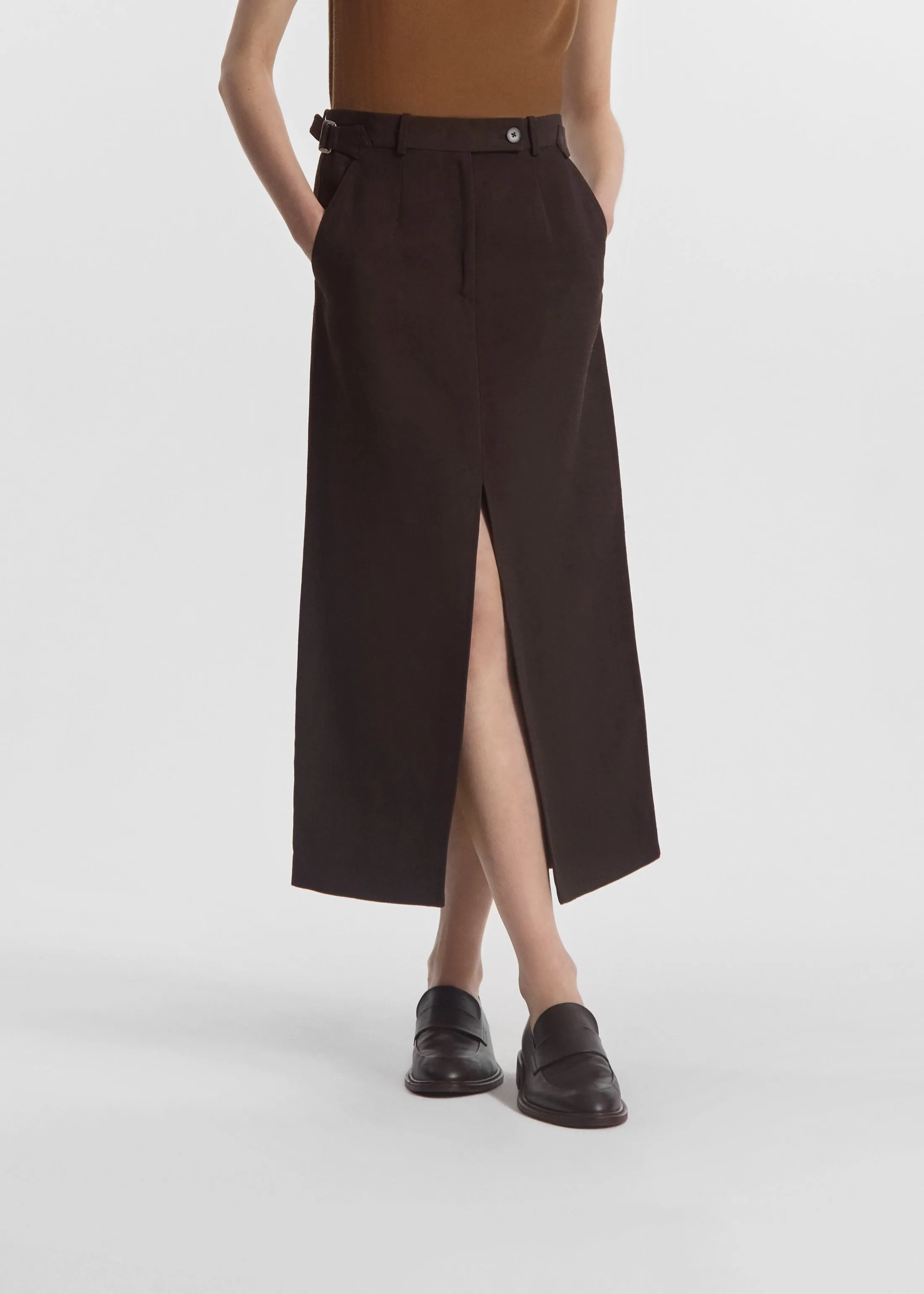 Tailored Front-Slit Midi Skirt in Linen - Chocolate sold by CO product image thumbnail 3