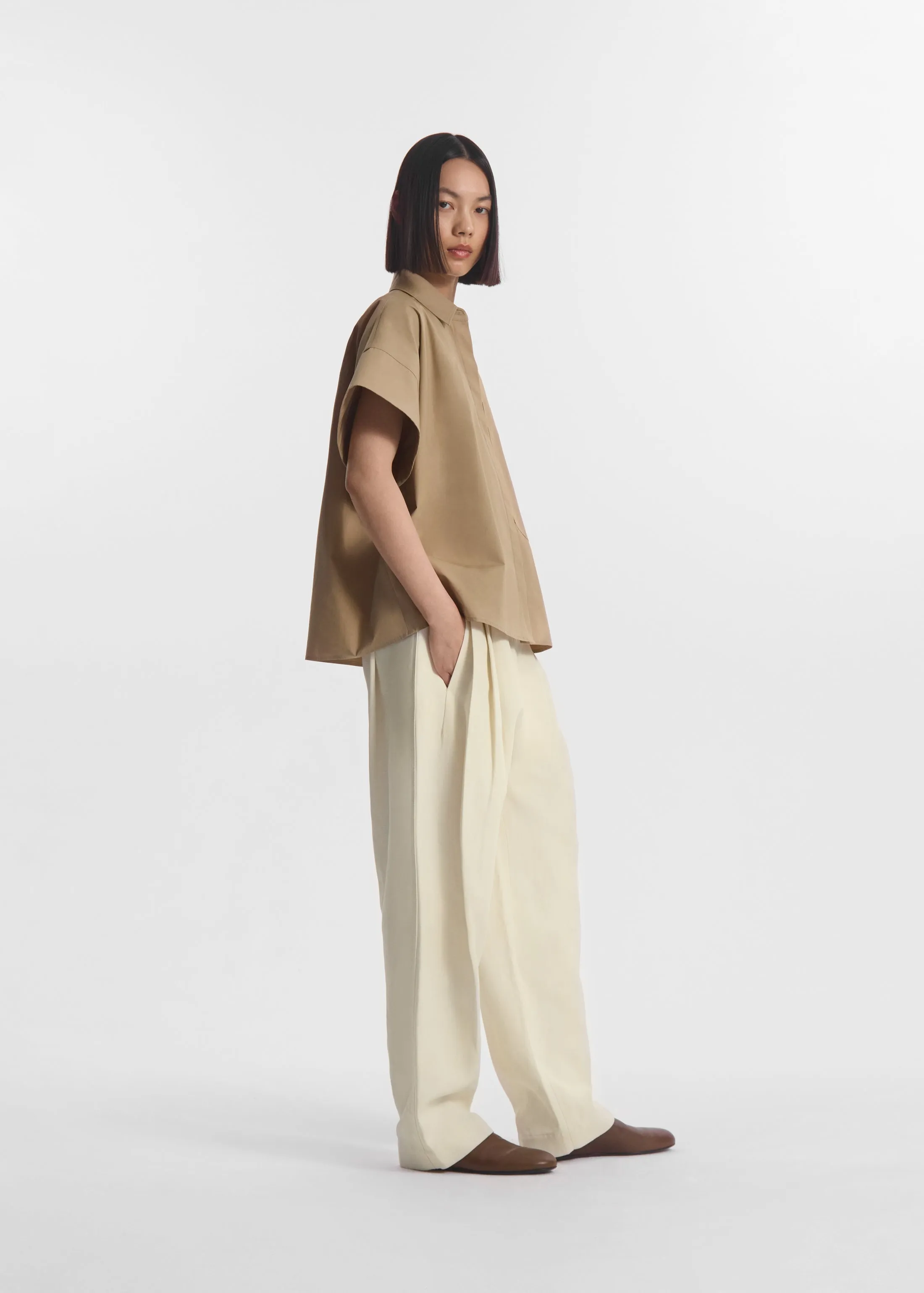 Boxy Short Sleeve Shirt in Cotton Poplin - Camel sold by CO product image thumbnail 3