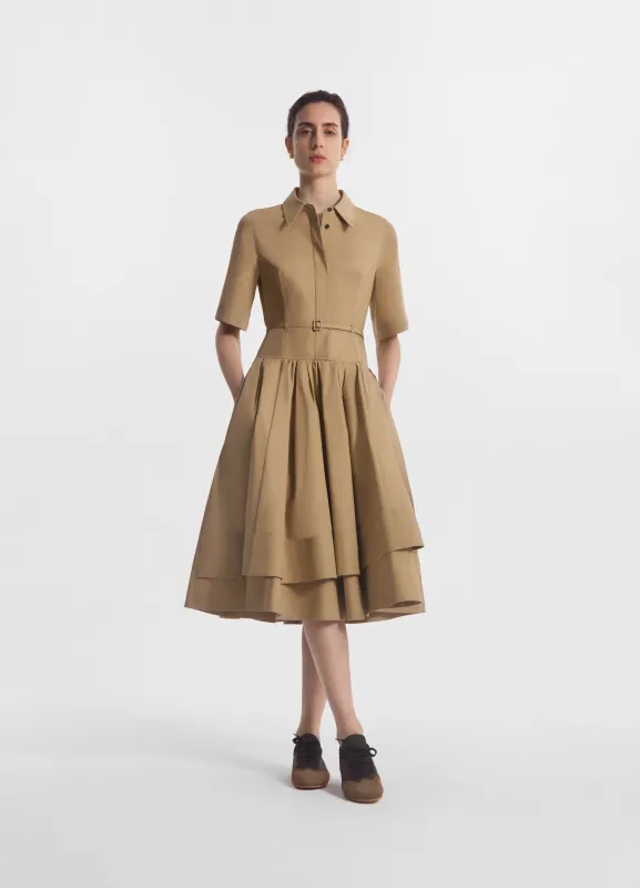Short Sleeve Belted Dress in Cotton Poplin - Camel made by CO