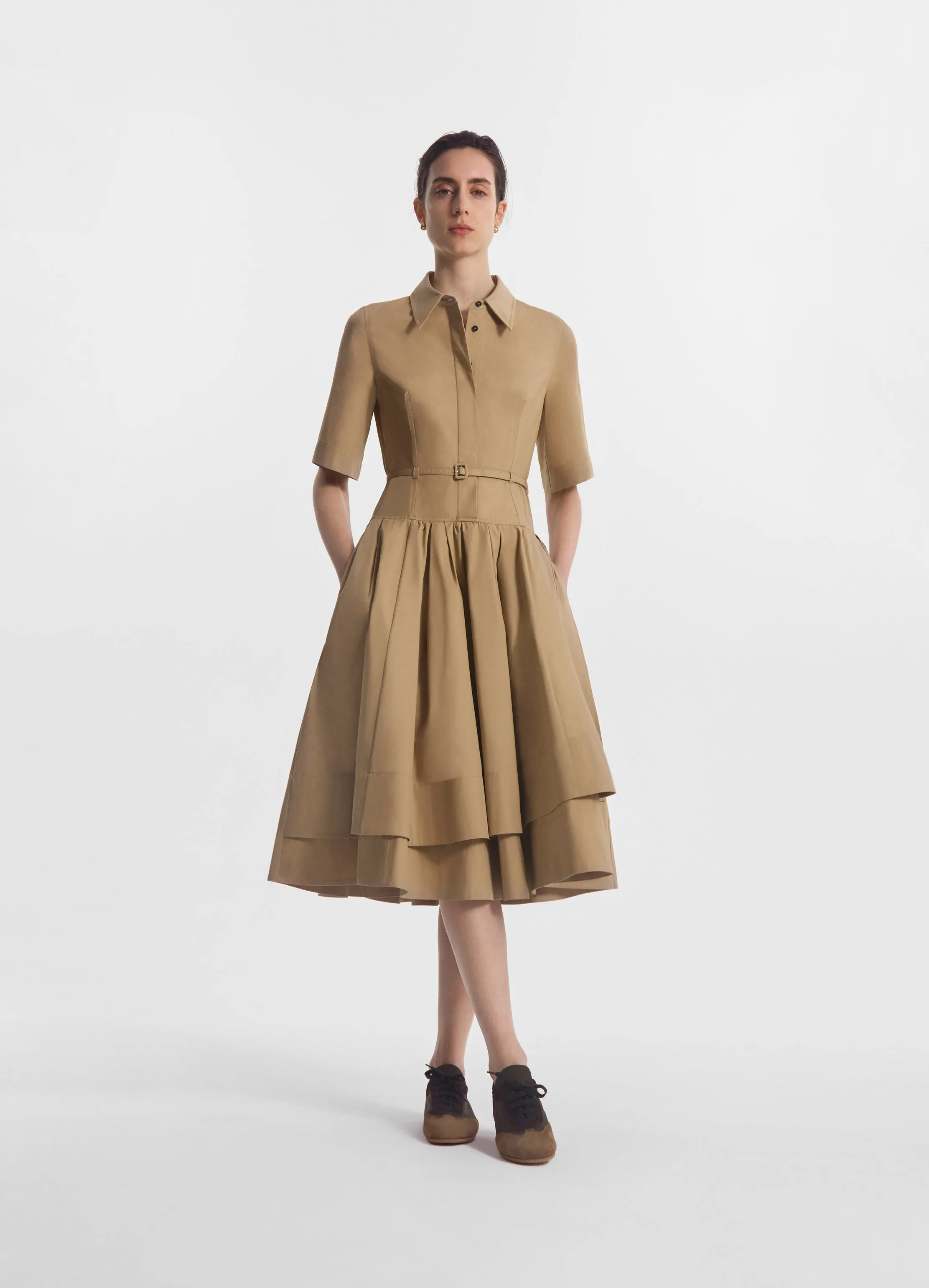 Short Sleeve Belted Dress in Cotton Poplin - Camel sold by CO