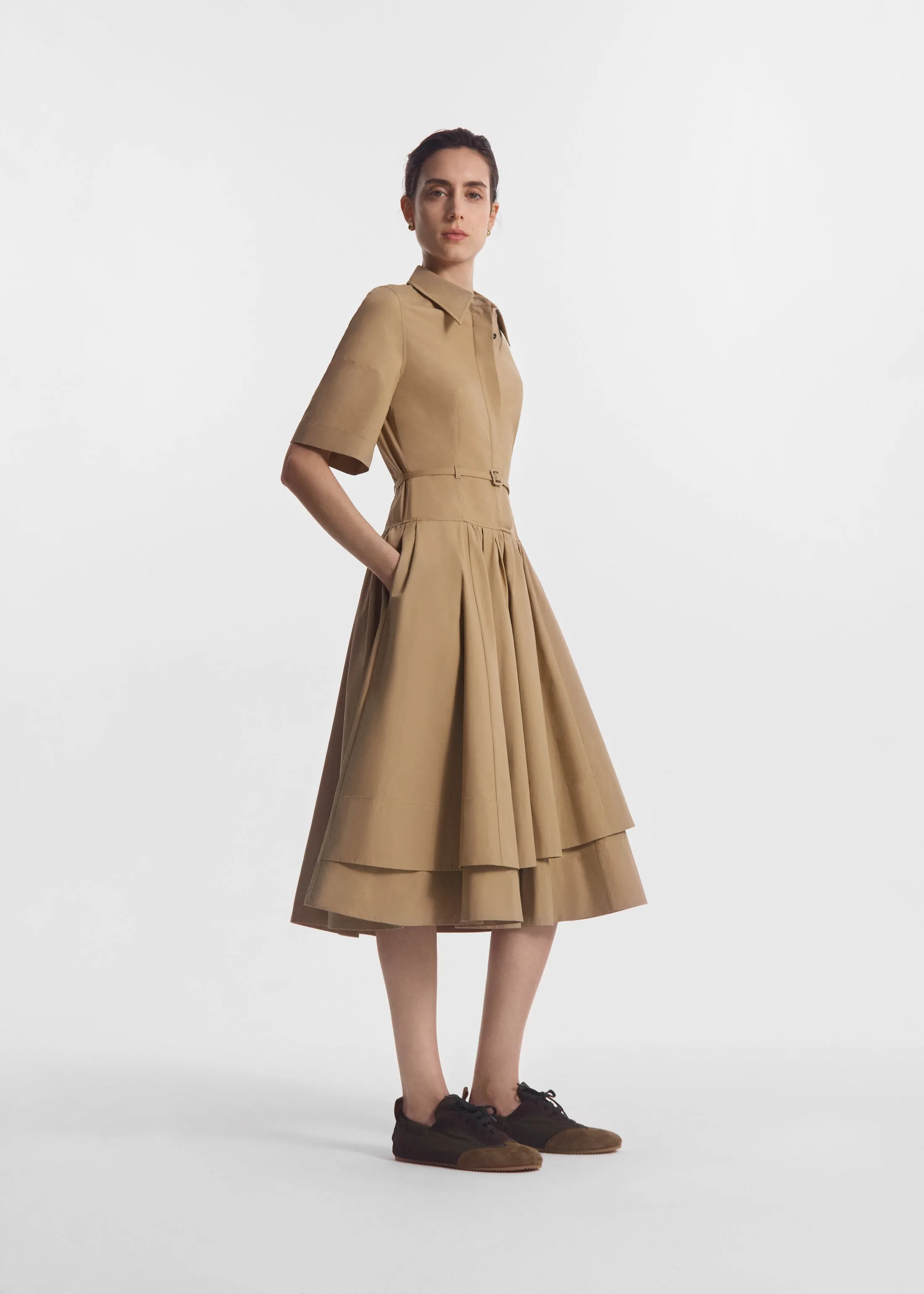 Short Sleeve Belted Dress in Cotton Poplin - Camel sold by CO product image thumbnail 2