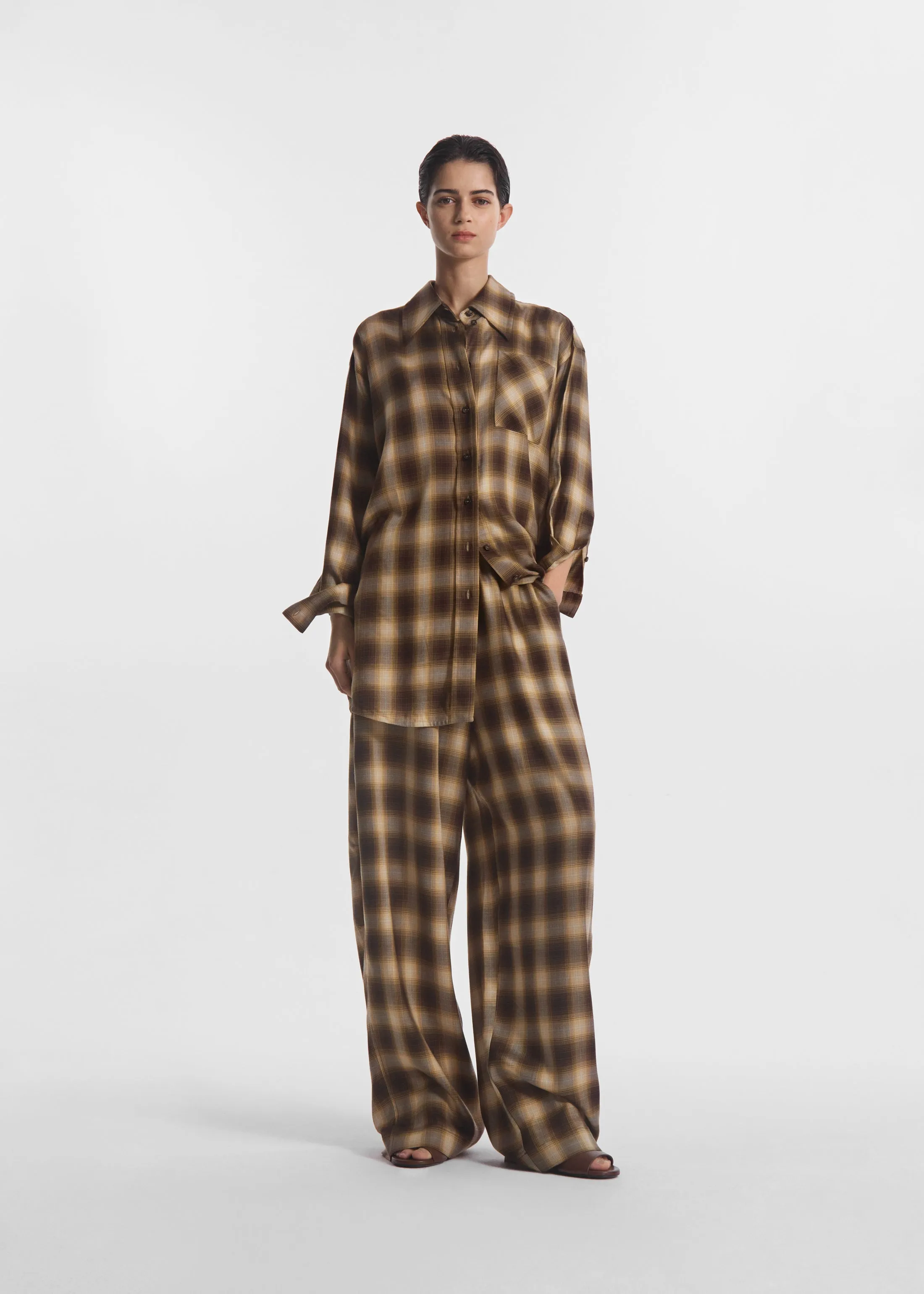 Drawstring Pant in Tencel Plaid - Brown Multi sold by CO