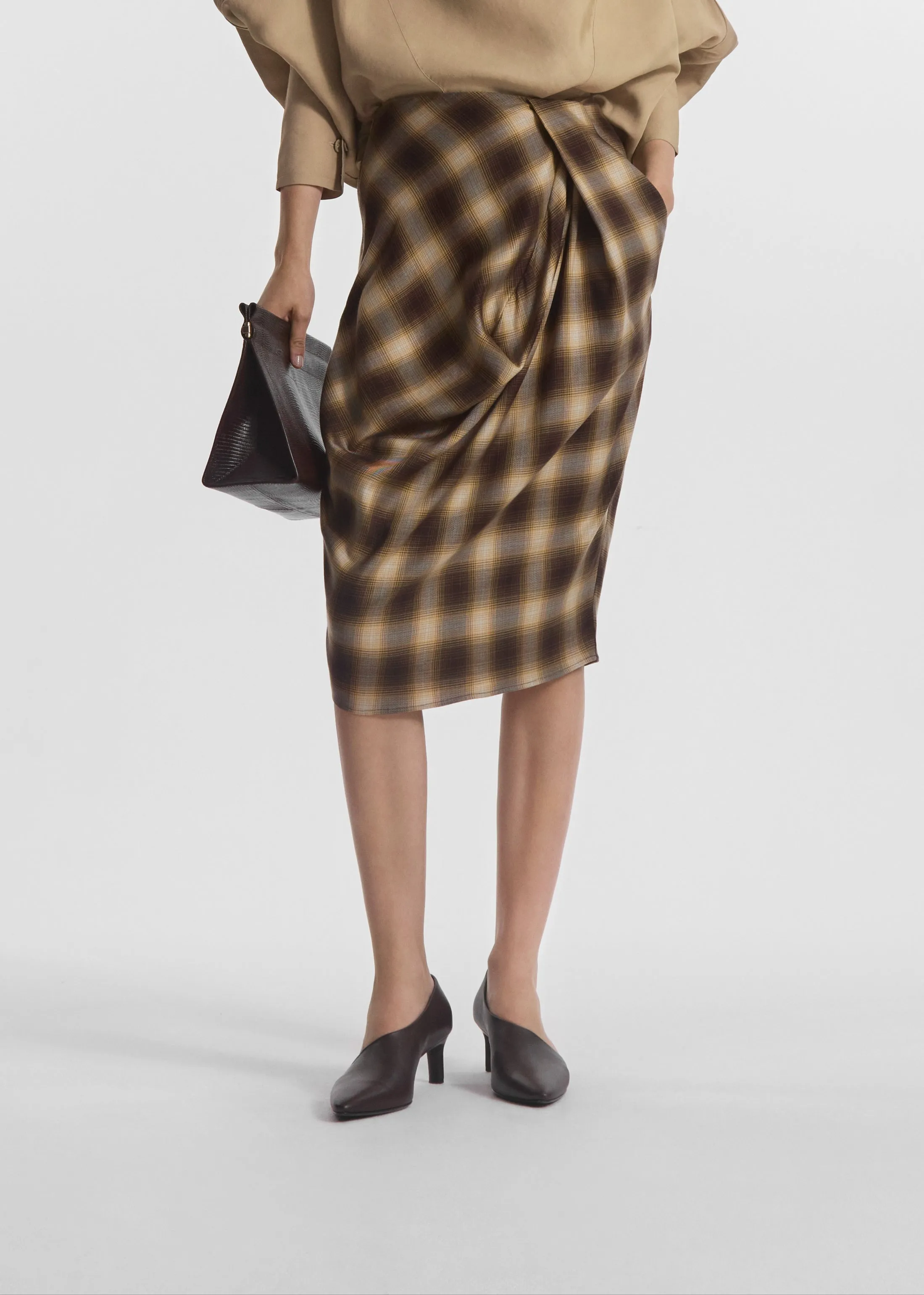 Draped Skirt in Tencel Plaid - Brown Multi sold by CO product image thumbnail 3