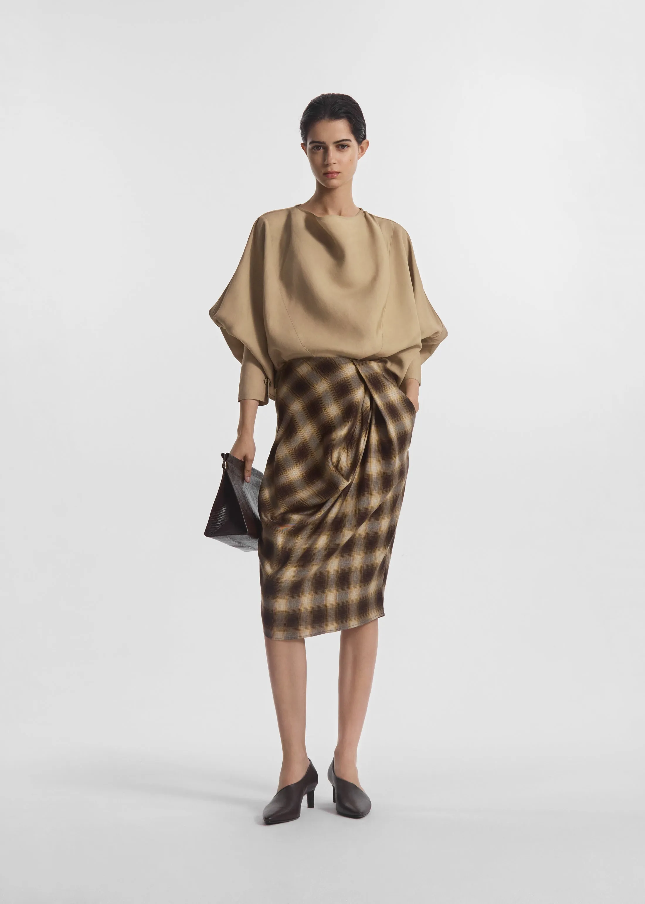 Draped Skirt in Tencel Plaid - Brown Multi sold by CO product image thumbnail 2