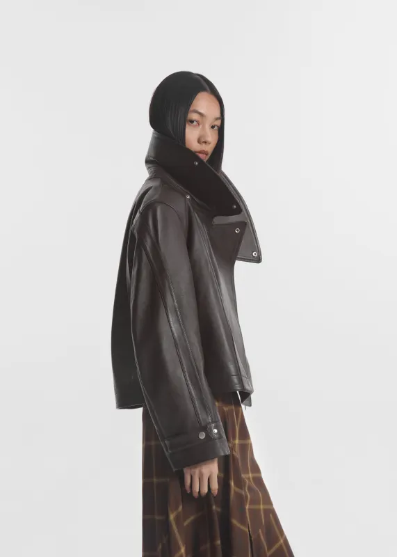 Flying Collar Moto Jacket in Leather - Chocolate made by CO