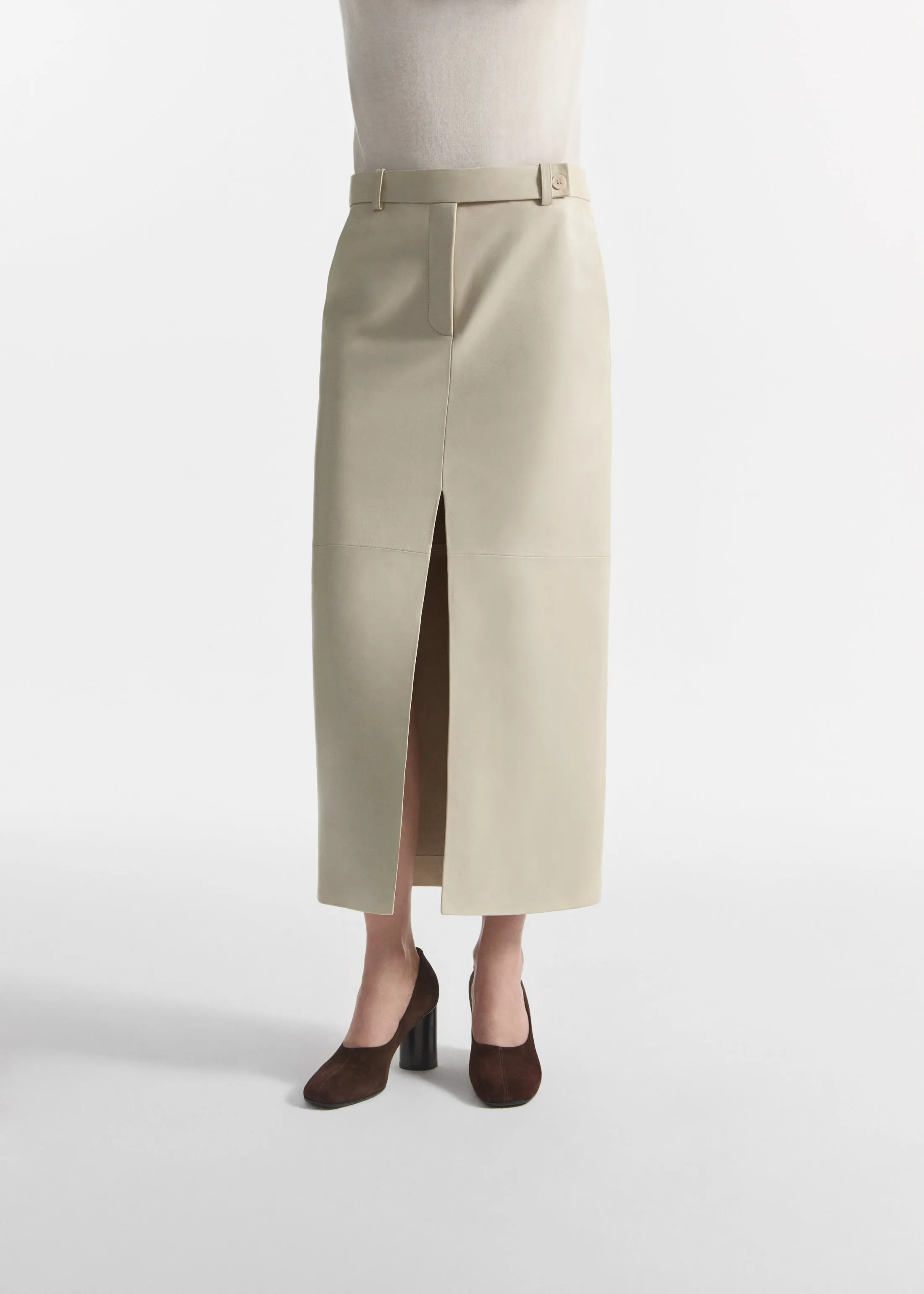 Tailored Front-Slit Midi Skirt in Leather - Pearl sold by CO product image thumbnail 5
