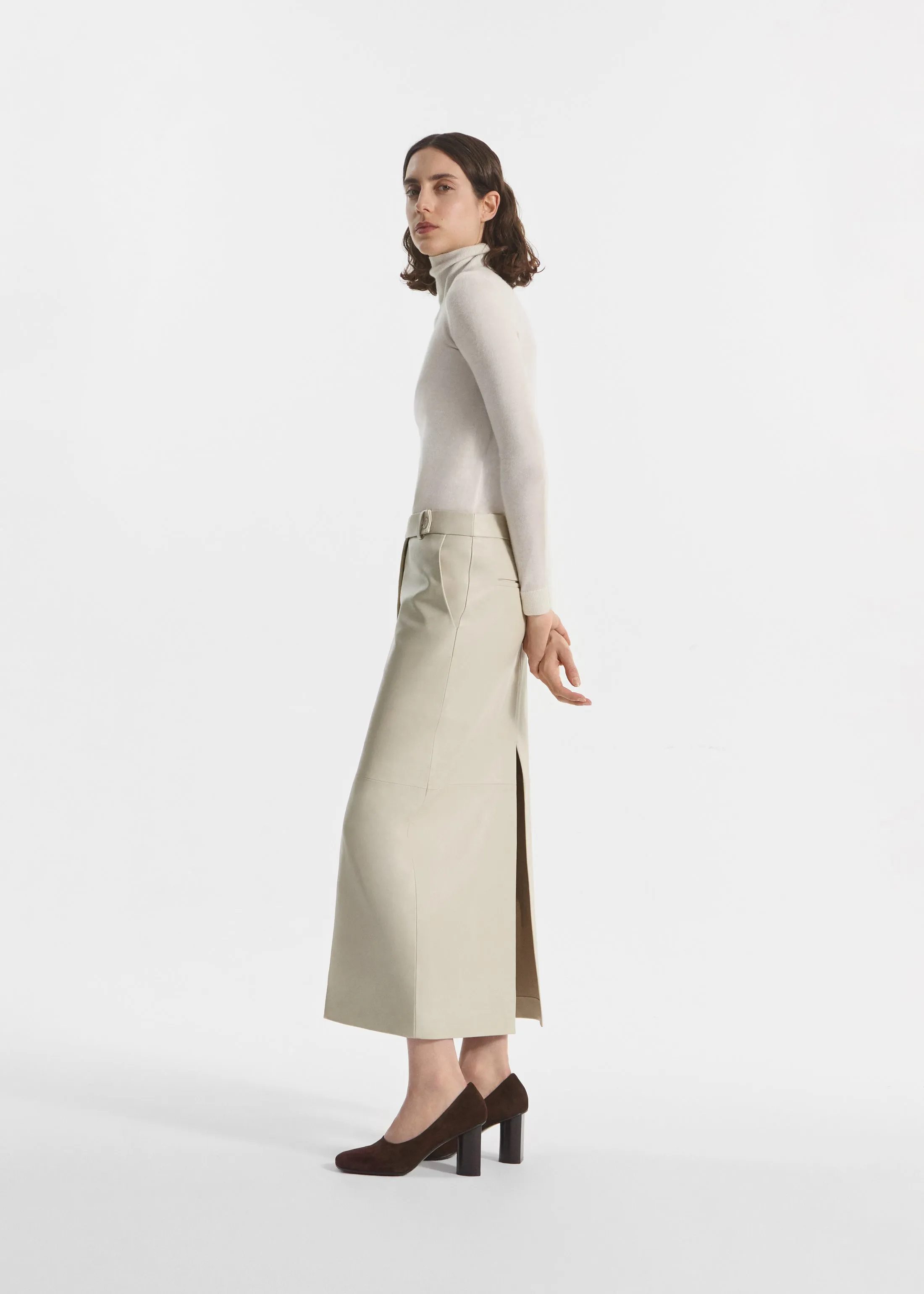 Tailored Front-Slit Midi Skirt in Leather - Pearl sold by CO product image thumbnail 2