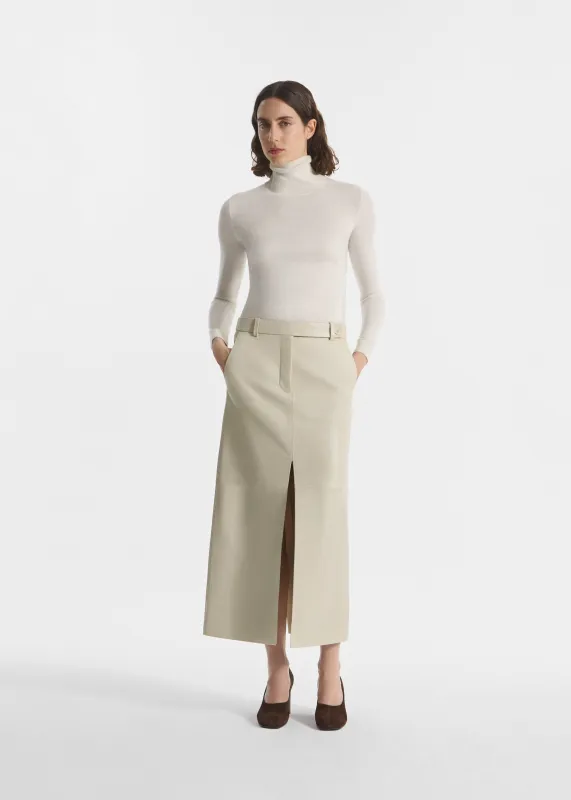 Tailored Front-Slit Midi Skirt in Leather - Pearl made by CO