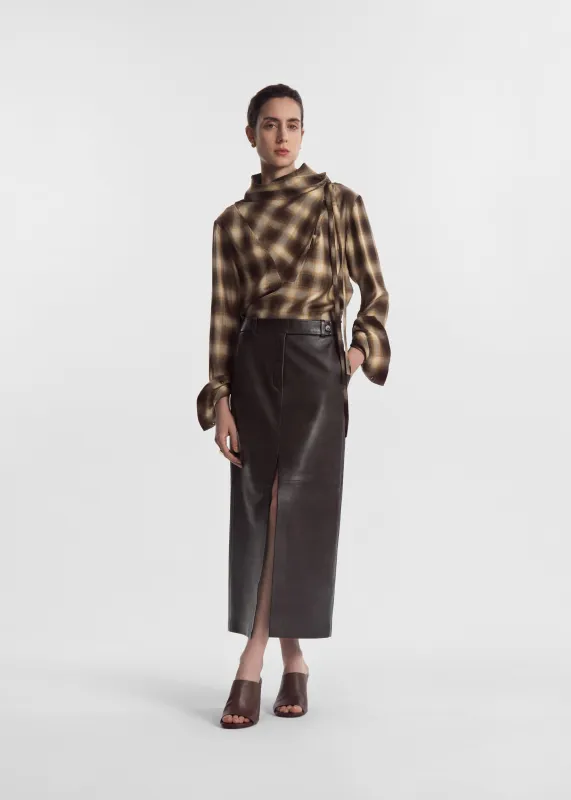 Tailored Front-Slit Midi Skirt in Leather - Chocolate made by CO