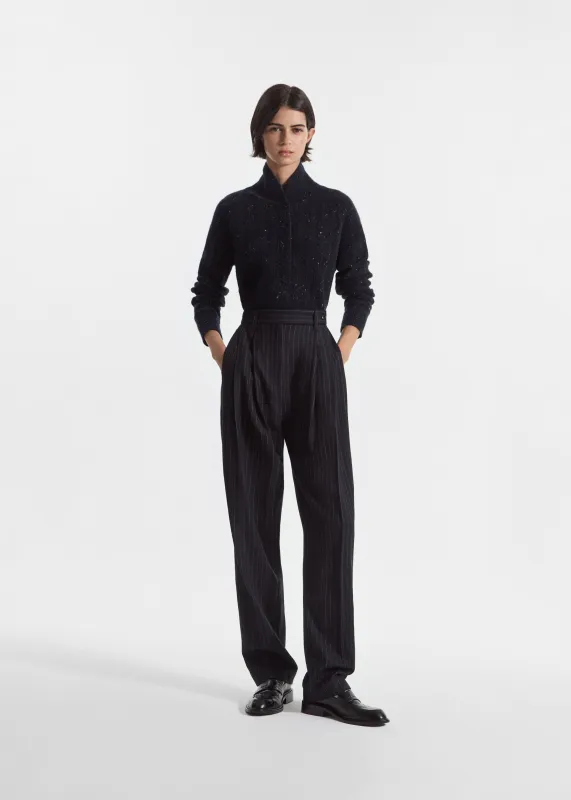Wide Leg Pleated Pant in Pinstripe Virgin Wool - Navy Stripe made by CO