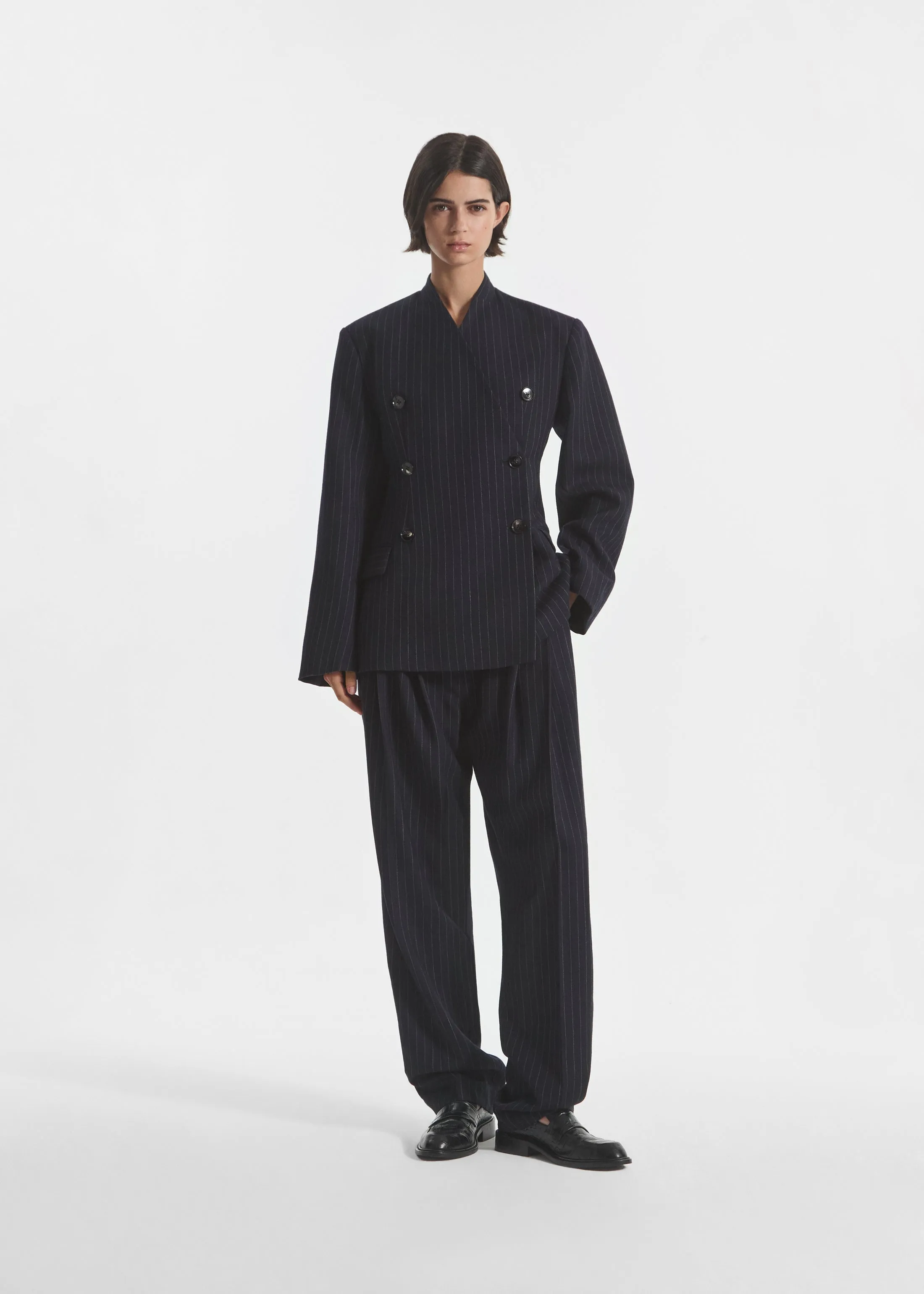 Double Breasted Collarless Blazer in Pinstripe Wool - Navy Stripe sold by CO