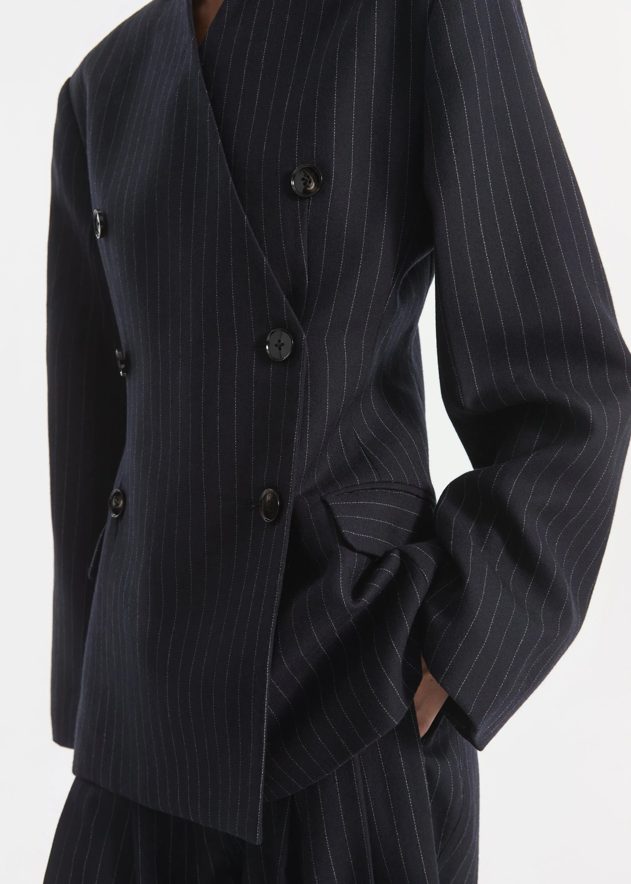 Double Breasted Collarless Blazer in Pinstripe Wool - Navy Stripe sold by CO product image thumbnail 5