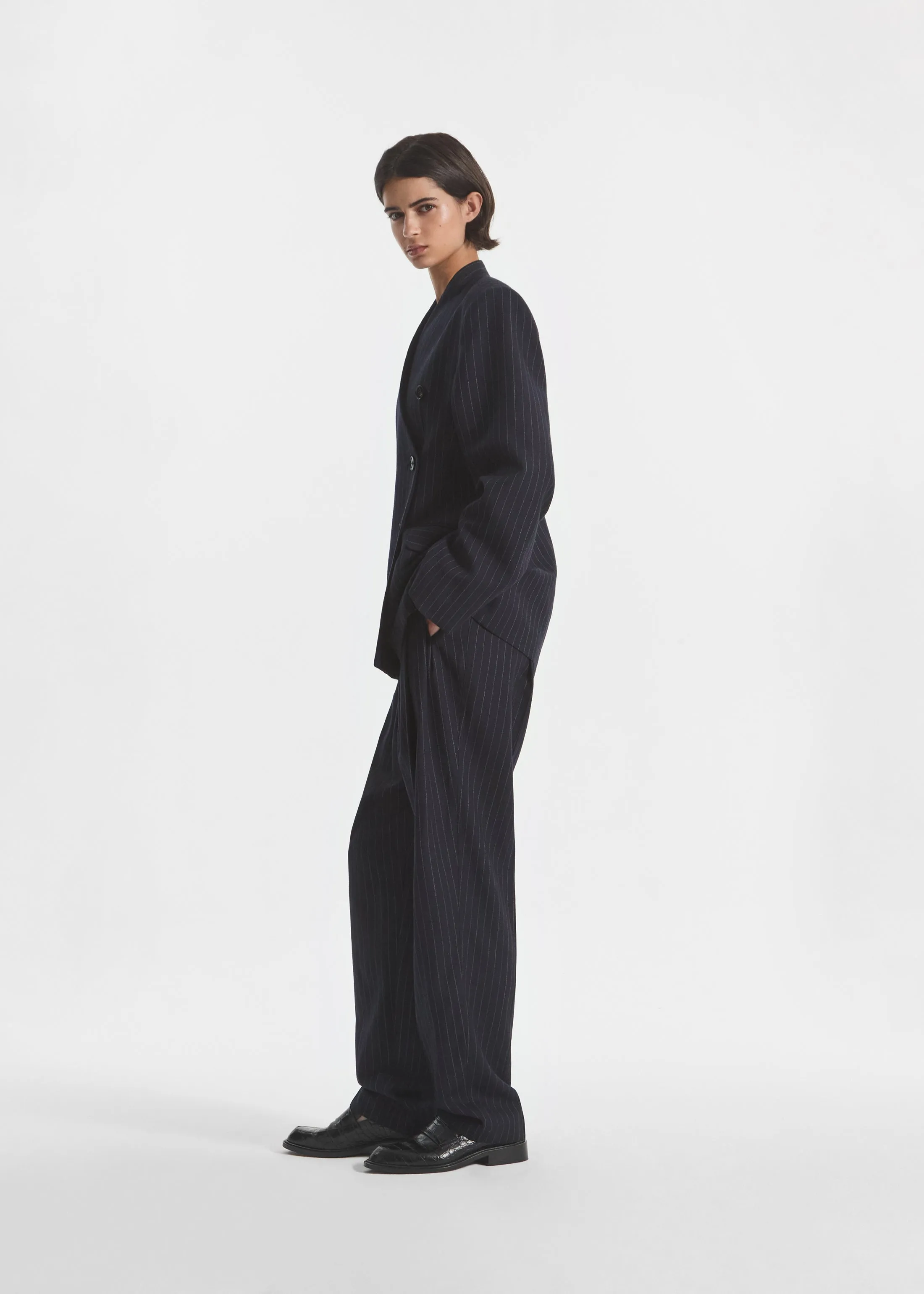 Double Breasted Collarless Blazer in Pinstripe Wool - Navy Stripe sold by CO product image thumbnail 4