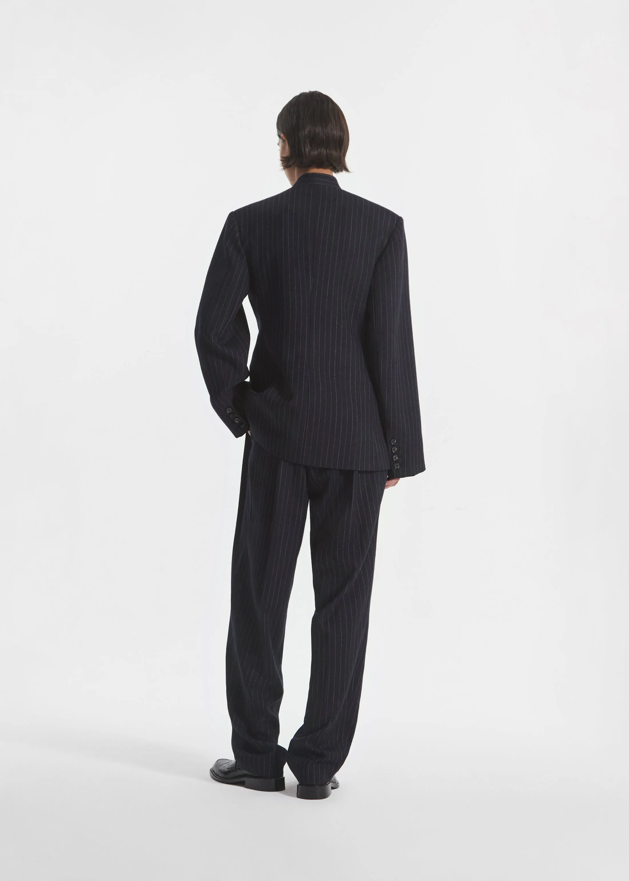 Double Breasted Collarless Blazer in Pinstripe Wool - Navy Stripe sold by CO product image thumbnail 3