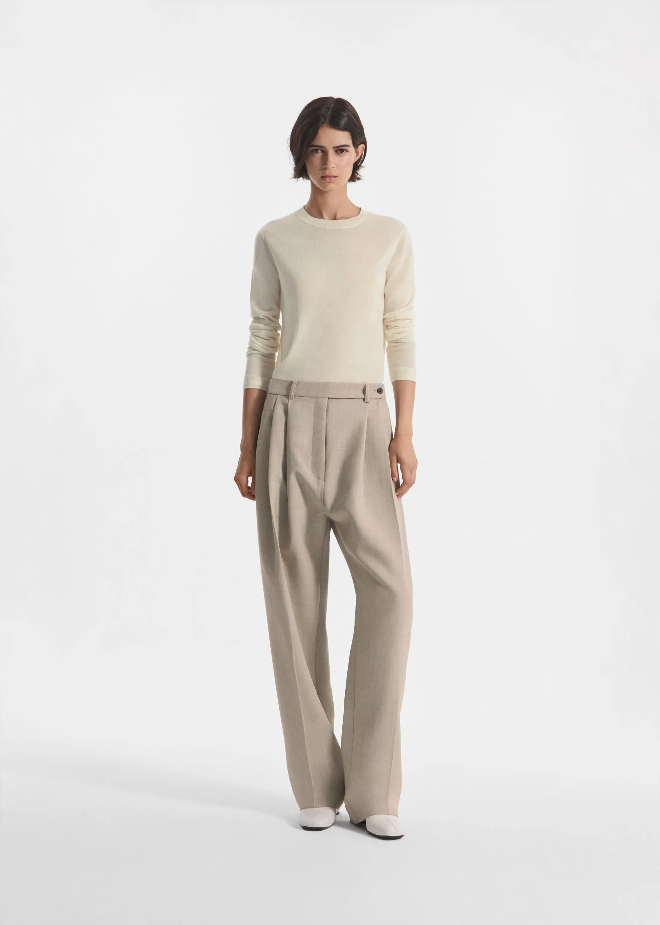Wide Leg Pleated Pant in Virgin Wool - Oatmeal Melange sold by CO