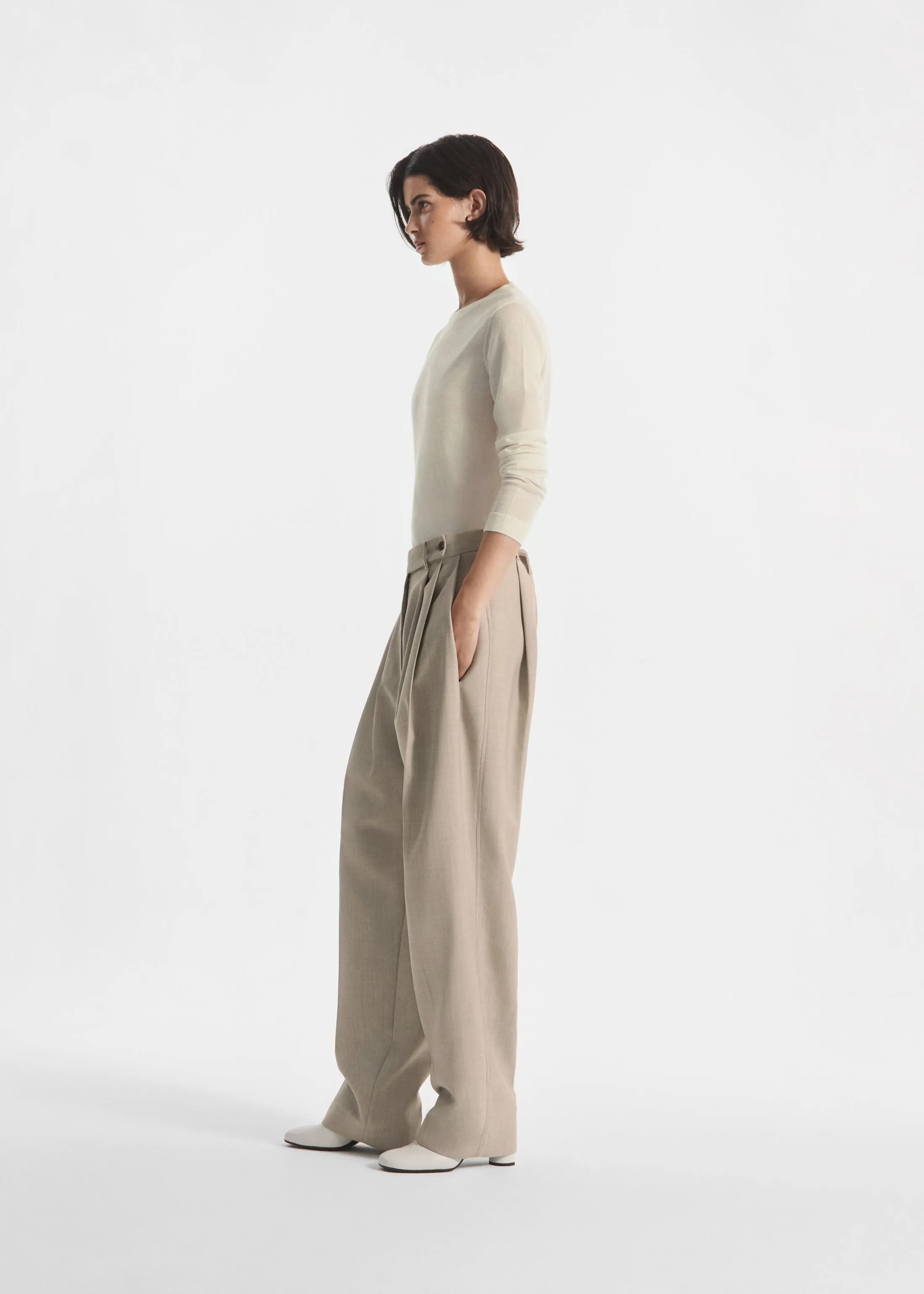 Wide Leg Pleated Pant in Virgin Wool - Oatmeal Melange sold by CO product image thumbnail 3