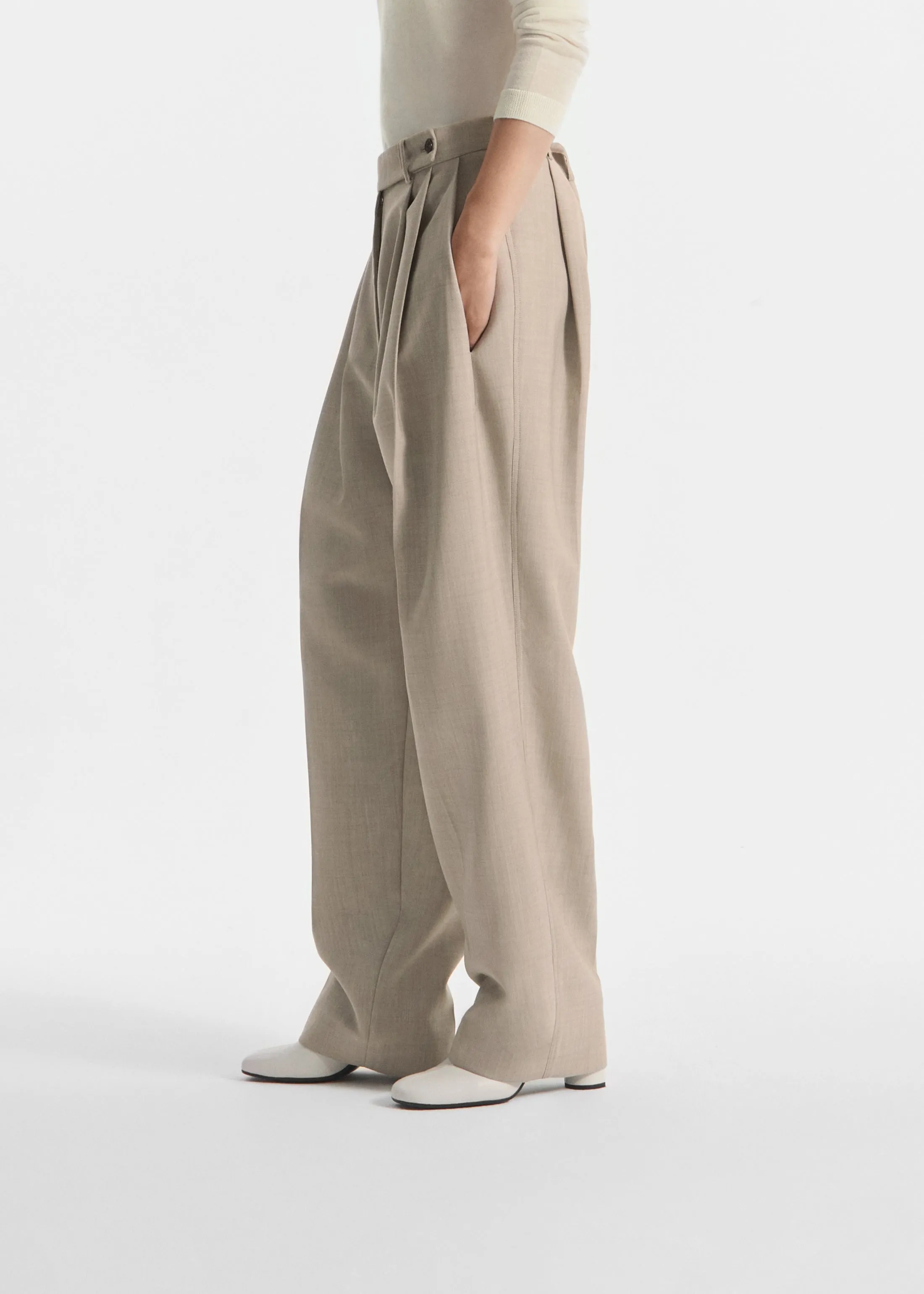 Wide Leg Pleated Pant in Virgin Wool - Oatmeal Melange sold by CO product image thumbnail 4