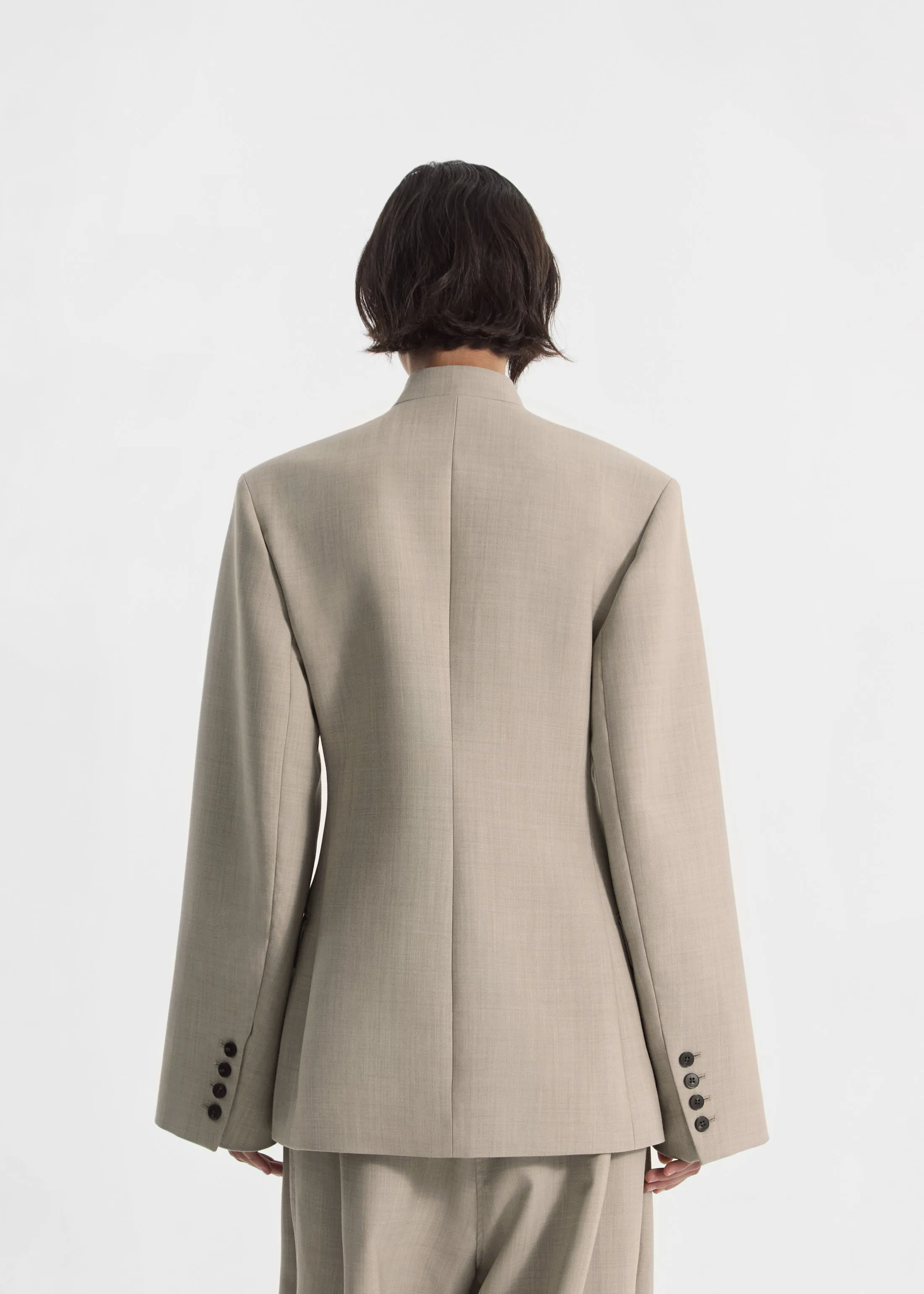 Double Breasted Collarless Blazer in Virgin Wool - Oatmeal Melange sold by CO product image thumbnail 3