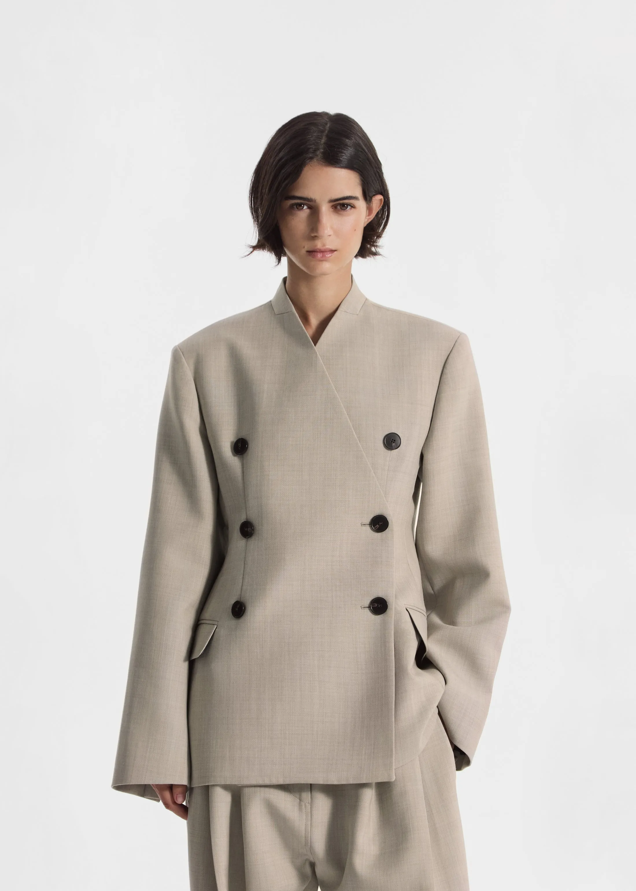 Double Breasted Collarless Blazer in Virgin Wool - Oatmeal Melange sold by CO product image thumbnail 2